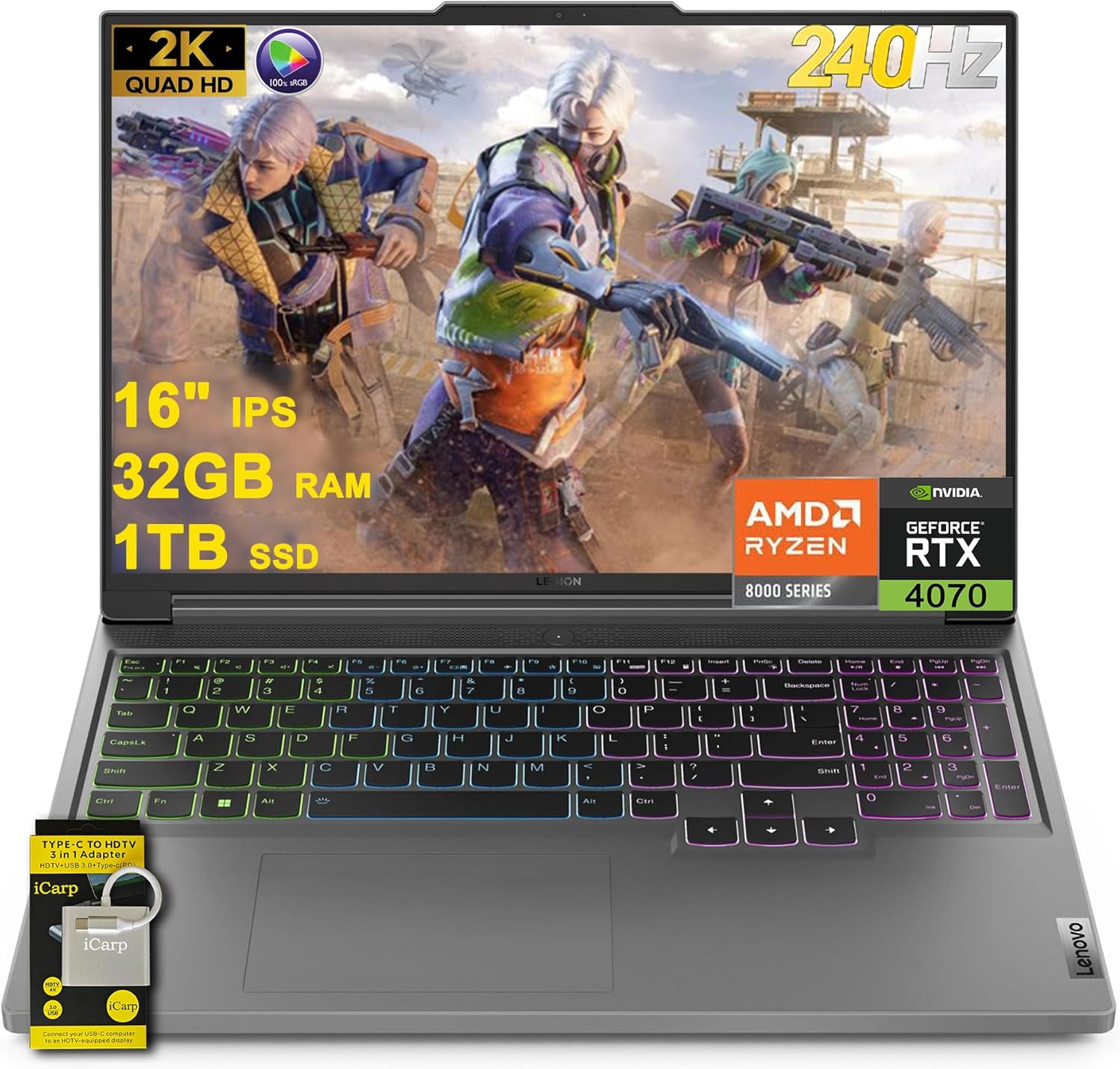 Lenovo Legion Slim 5 Gaming Laptop 16″ WQXGA 2560×1600 240Hz (500nits 100% sRGB G-SYNC) AMD Zen 4 8-Core Ryzen 7 8845HS (>i7-12700H) 32GB RAM 1TB SSD GeForce RTX 4070 RGB Backlit Win11 w/ICP Accessory