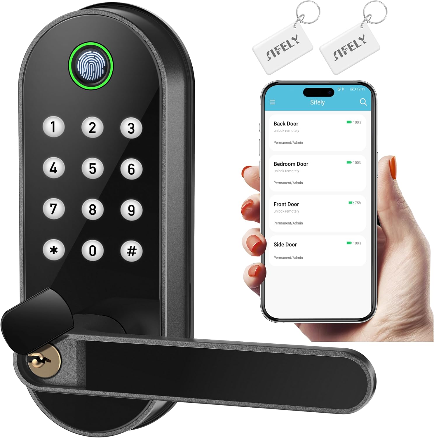 Keyless-Entry Fingerprint Smart Door Lock: Sifely Digital Electronic Lock with Code Passcode, Electric Door Knob, Biometric Door Handle Lock, Perfect for Exterior/Interior/Entry/Bedroom Doors (Black)