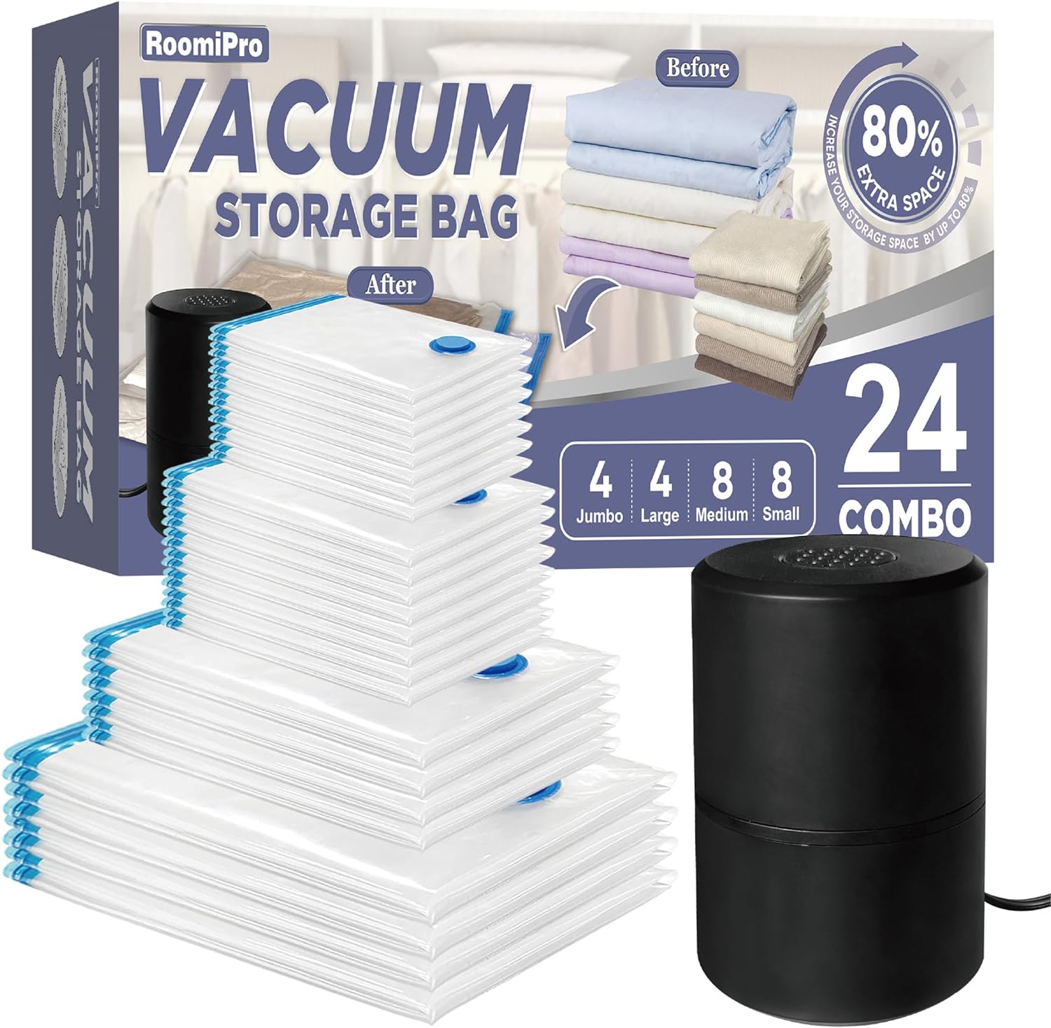 Vacuum Storage Bags with Electric Pump, 24 Pack (4 Jumbo/4 Large/8 Medium/8 Small), Space Saver Bags with Pump, Storage Vacuum Sealed Bags for Clothes, Comforters, Blankets, Bedding