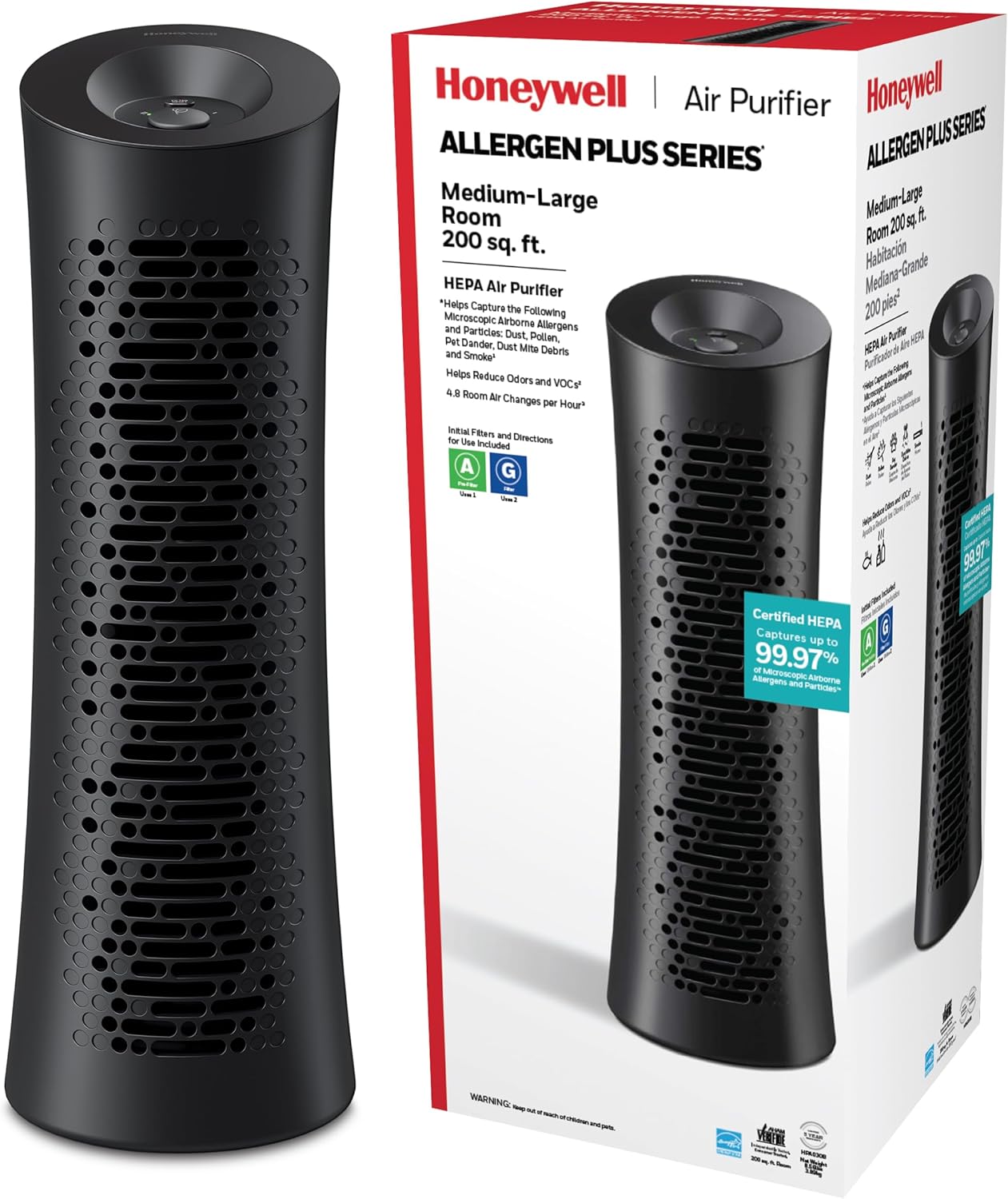 Honeywell HEPA Tower Air Purifier, Airborne Allergen Reducer for Medium/Large Rooms (200 sq ft), Black – Wildfire/Smoke, Pollen, Pet Dander, and Dust Air Purifier, HPA030