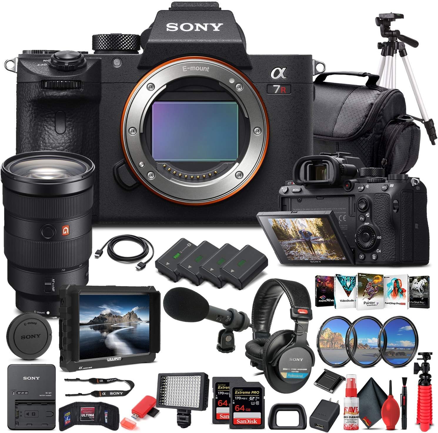 Sony Alpha a7R III Mirrorless Digital Camera (Body Only) (ILCE7RM3/B) + Sony FE 24-70mm Lens + 4K Monitor + Pro Headphones + Pro Mic + 2 x 64GB Memory Card + 3 x NP-FZ-100 Battery + More (Renewed)