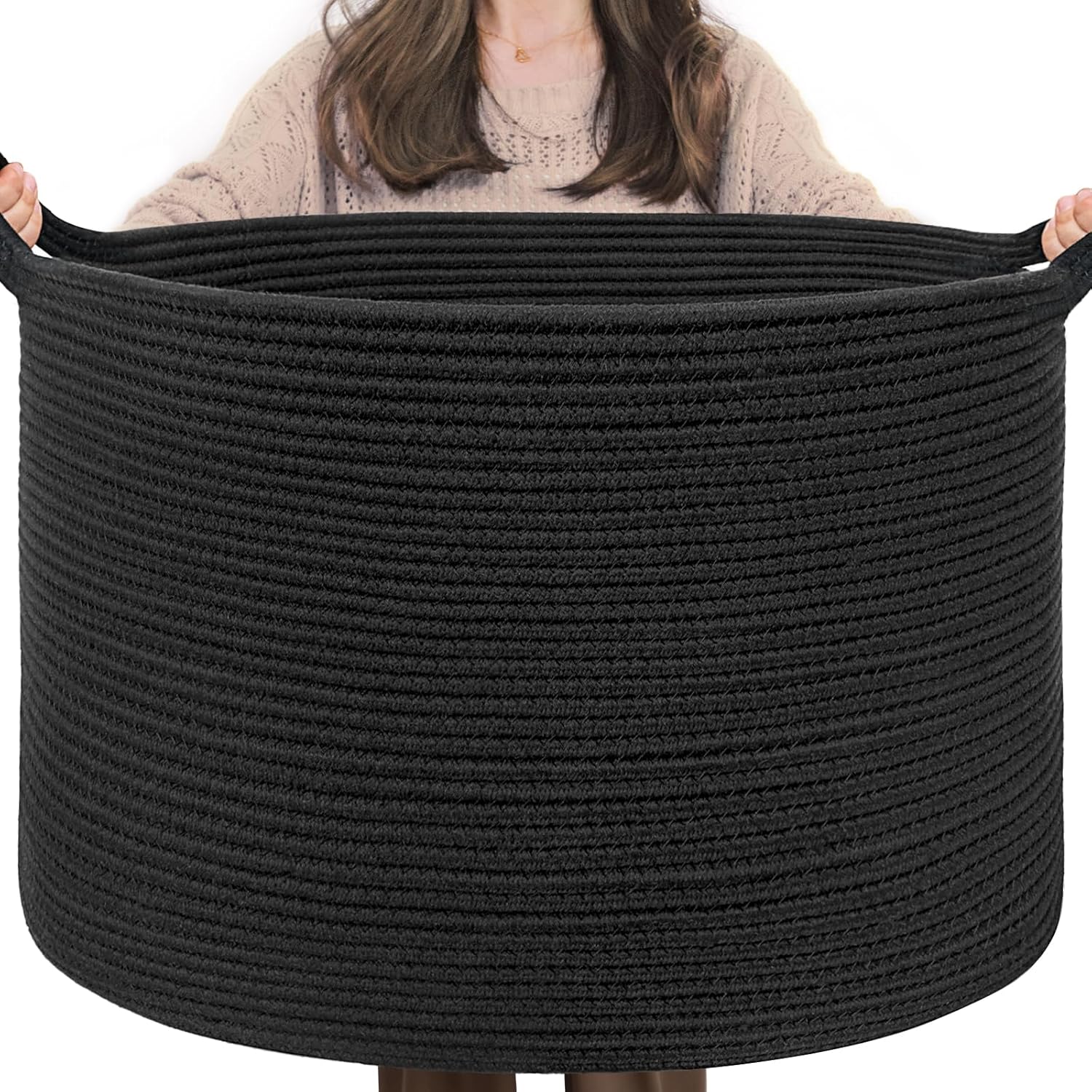 INDRESSME Large Laundry Basket 21.7″ x 21.7″ x 13.8″ Woven Baskets for Storage Rope Blanket Basket for Living Room Toy Baskets Bin Storage Kids Shoe Basket for Entryway, Black