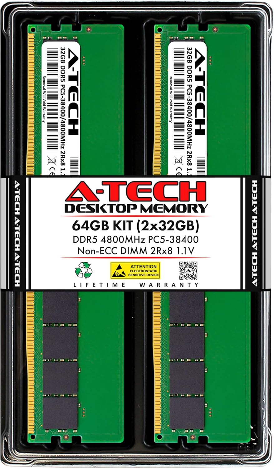 A-Tech 64GB Kit (2x32GB) DDR5 4800MHz PC5-38400 CL40 UDIMM 2Rx8 1.1V Non-ECC Unbuffered DIMM 288-Pin Desktop RAM Memory Upgrade Modules