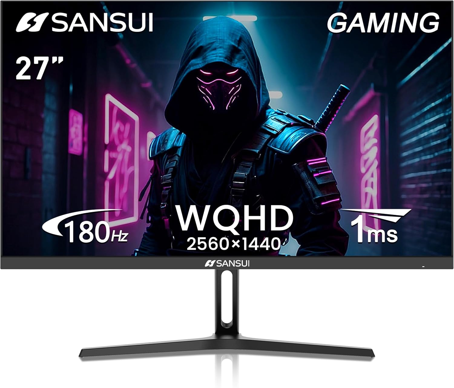 SANSUI 27 Inch WQHD 2560 x 1440 Gaming Monitor 180Hz 1ms Fast IPS Computer Monitor, DP 1.2 x2 | HDMI 2.0 x2 | VESA Mount, 120% sRGB HDR Eye Care Metal Stand (ES-G27F2Q, DP Cable Included)