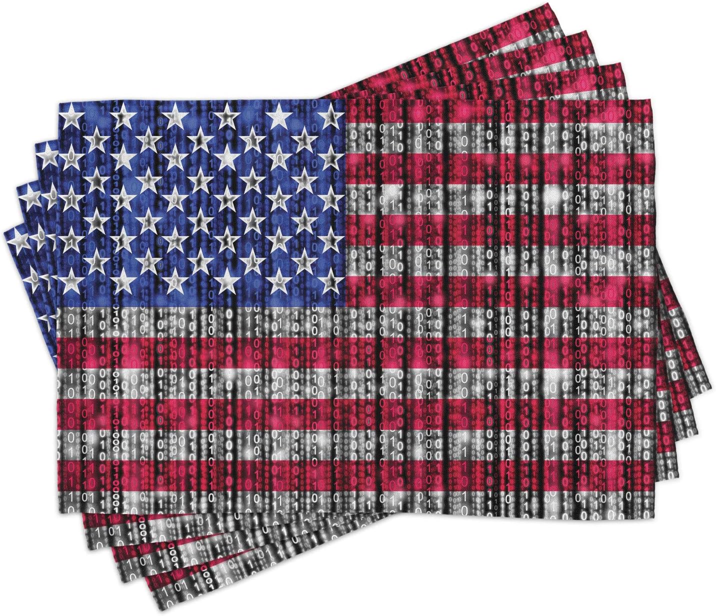 Lunarable American Flag Place Mats Set of 4, Futuristic Banner Graphic with Computer Software Data Art Print, Washable Fabric Placemats for Dining Room Kitchen Table Decor, Multicolor