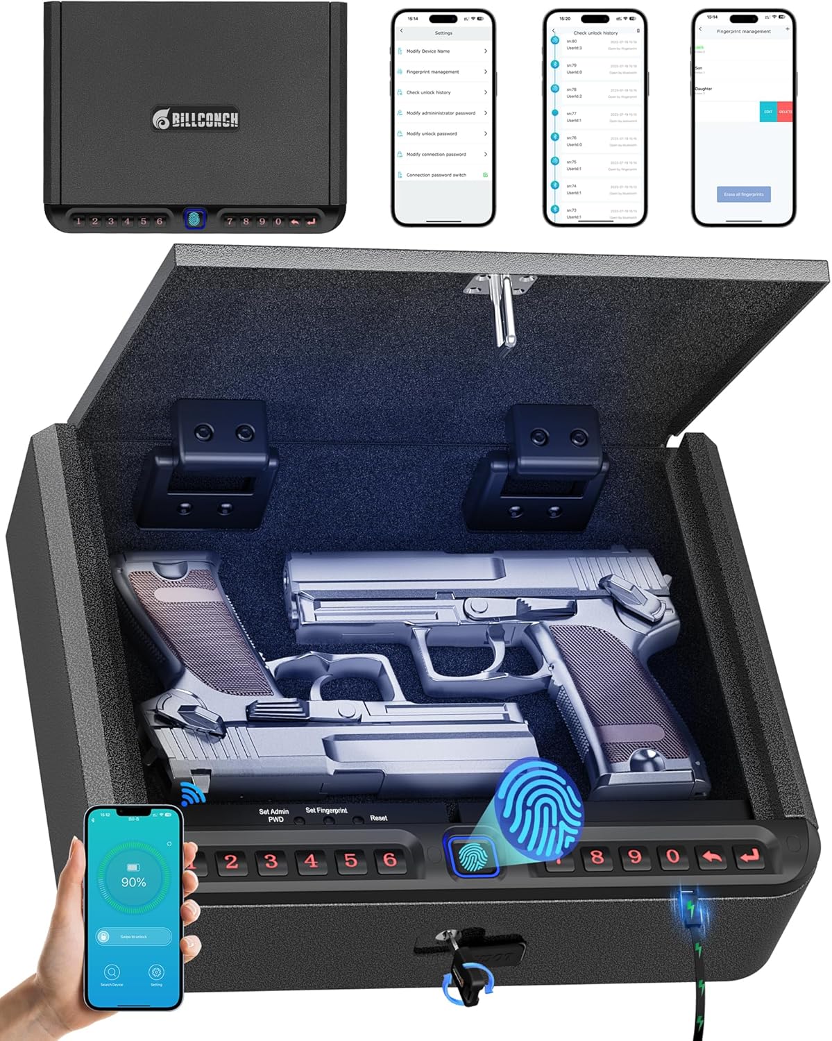 BILLCONCH Gun Safe for Handgun – Biometric Gun Safe 4 Ways Quick Access with Fingerprint/Full-digital Keypad/Key/APP Lock Handgun Pistol Safe for Nightstand Bedside Home