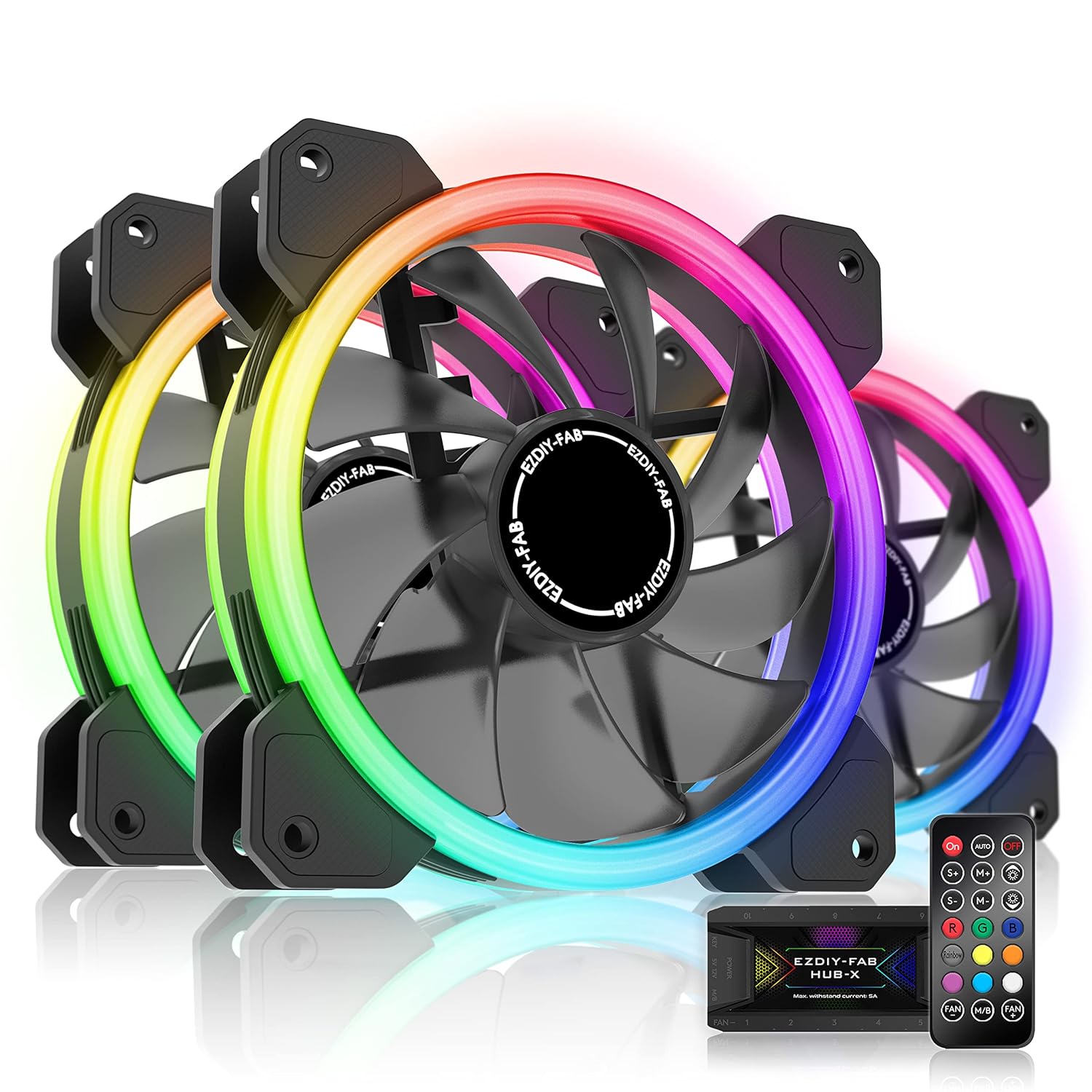 EZDIY-FAB RGB Dual Ring 120mm Case Fans,5V Motherboard Sync,Speed Adjustable,RGB Sync Fan with 10-Port Fan Hub X and Remote-3 Pack