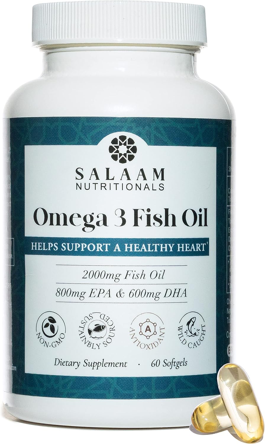 Salaam Nutritionals Halal Fish Oil, Burpless, Omega 3 DHA+ EPA 2,000mg for Heart, Eye, Brain and Joint Health.