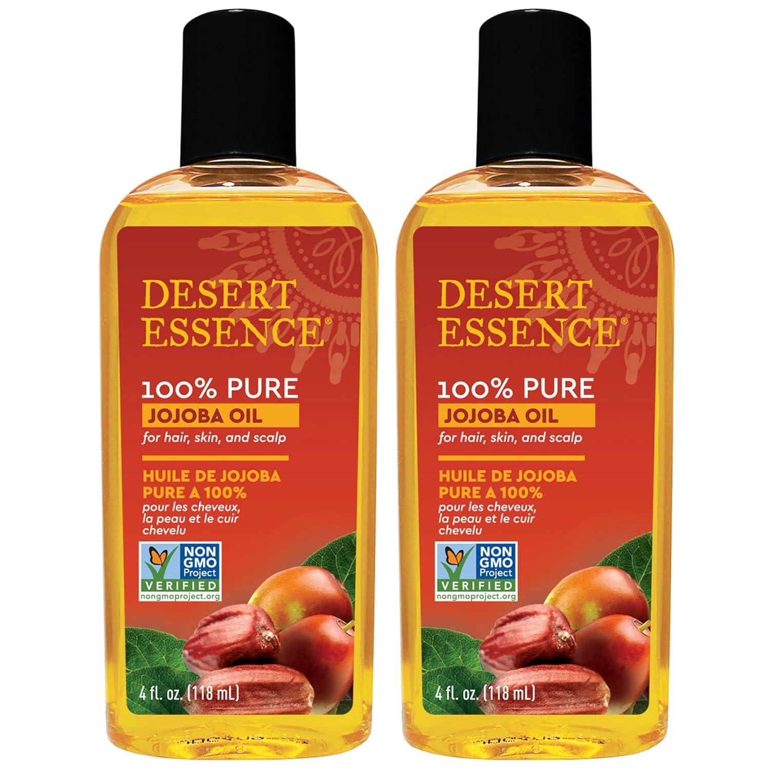 Desert Essence 100% Pure Jojoba Oil – 4 Fl Oz – Pack of 2 – Haircare & Skincare Essential Oil – All Skin Types – No Oily Residue – May Help Prevent Flakiness – Makeup Remover – Aftershave Moisturizer