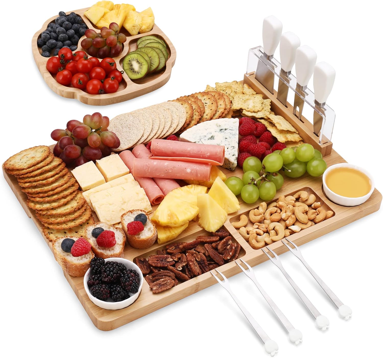 hecef Large Charcuterie Board Set of 13, A Bamboo Cheese Board & Snack Tray, 2 Ceramic Bowls, 4 Server Forks, 4 Cheese Knives Set, Appetizer Cheese Platter for Birthdays, Weddings, Housewarming