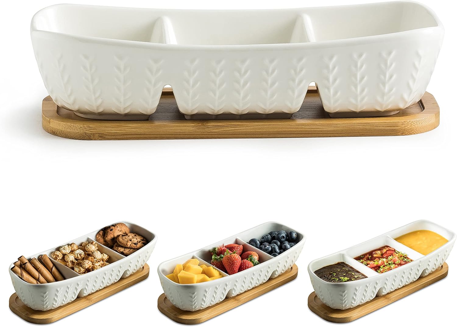 3 Compartment Condiment Tray Hospitality Tray, Chip and Dip Bowl with Wooden Serving Tray, Perfect for Snacks, Appetizers, Charcuterie, Chips, Candy, 10-inch Dip Trays for Parties