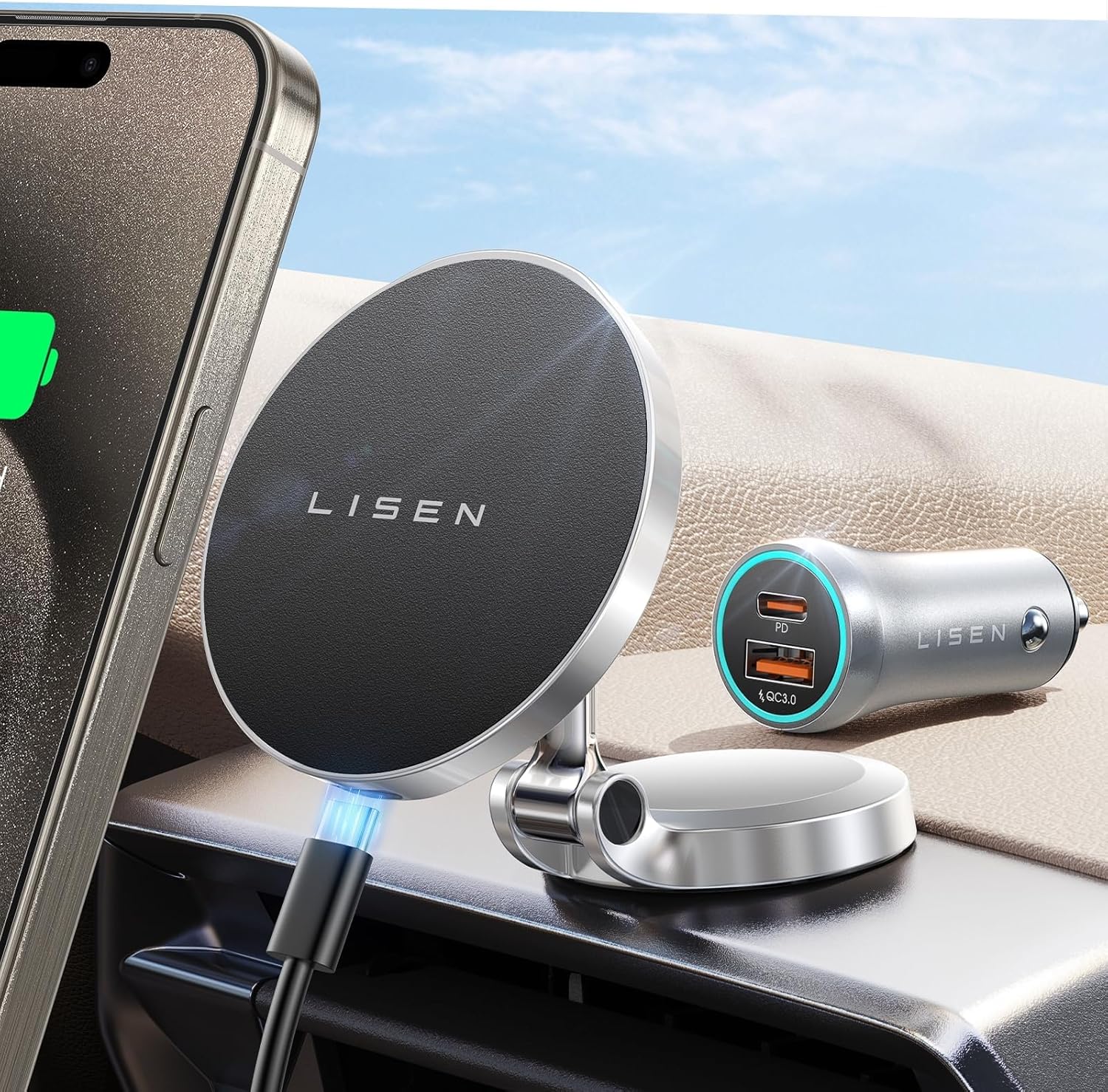 LISEN for Magsafe Car Mount Charger, [Upgrade Set] 360° Rotation Wireless Magsafe Car Charger with Car Charger, Foldable Car Phone Holder Dashboard fit iPhone 16 15 14 13 12 Pro Max Plus Mini