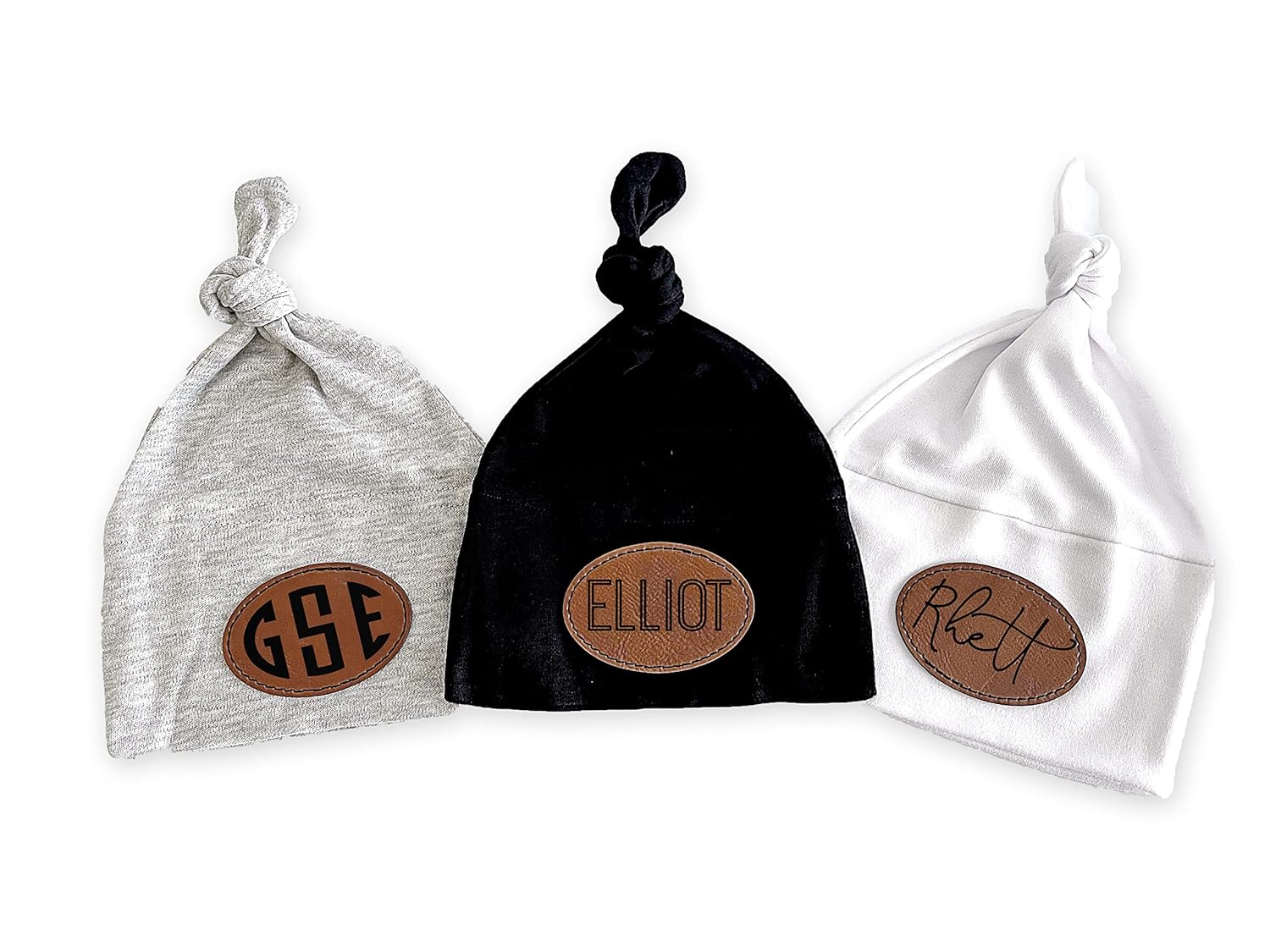 Boy’s Personalized Newborn Knotted Baby Beanie Hat with Vegan Leather Name Patch