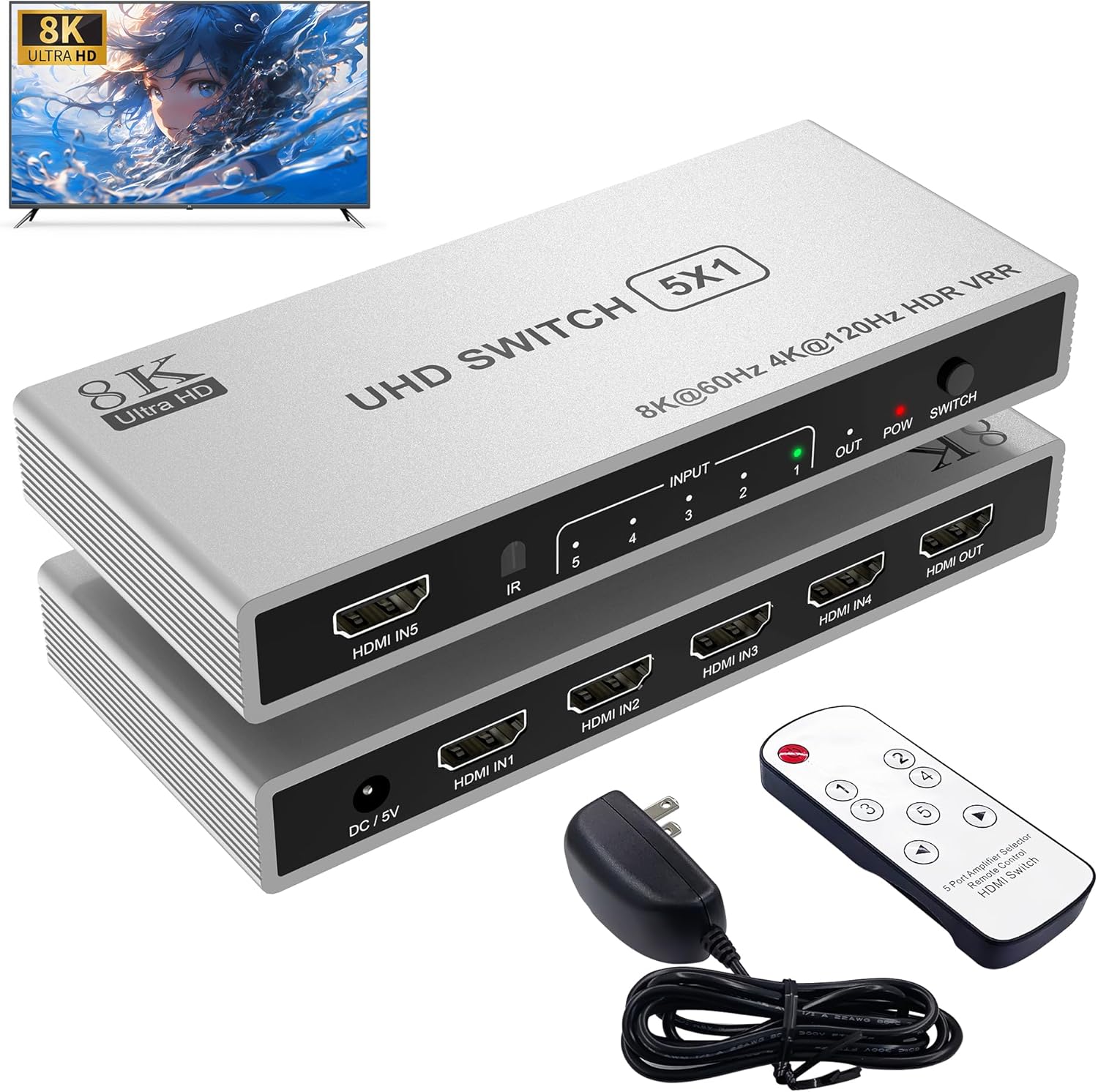 5 Port HDMI 8K Switch with Remote HDMI 2.1 Switch HDMI Switcher Splitter 5 in 1 Out – 4K@120Hz/8K@60Hz, 48Gbps, HDR10+, Dolby, HDCP 2.3 CEC VRR, for PS5/PS4, Xbox X, TV