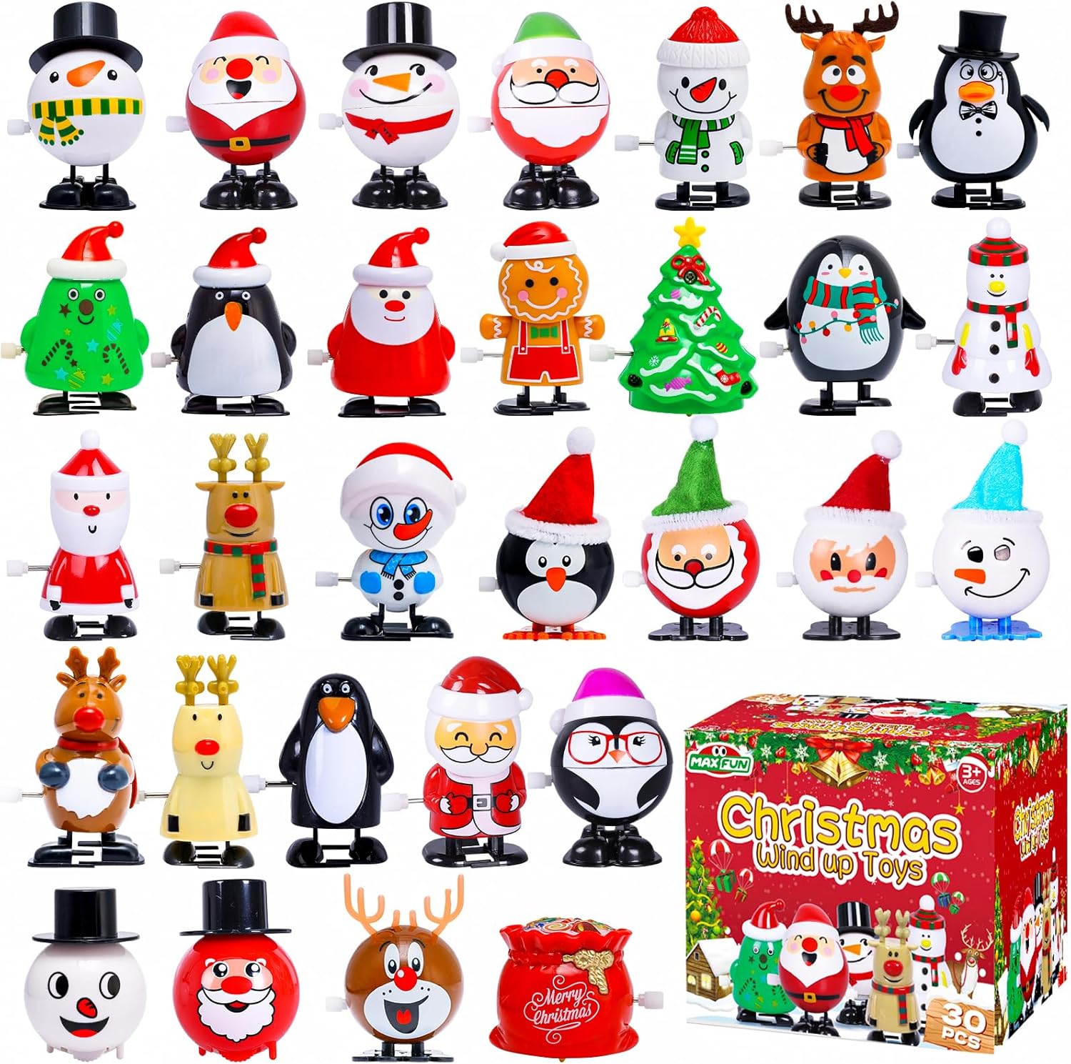 Max Fun 30pcs Christmas Wind Up Toys Stocking Stuffers for Kids Christmas Party Favors Bulk Christmas Goody Bag Filler