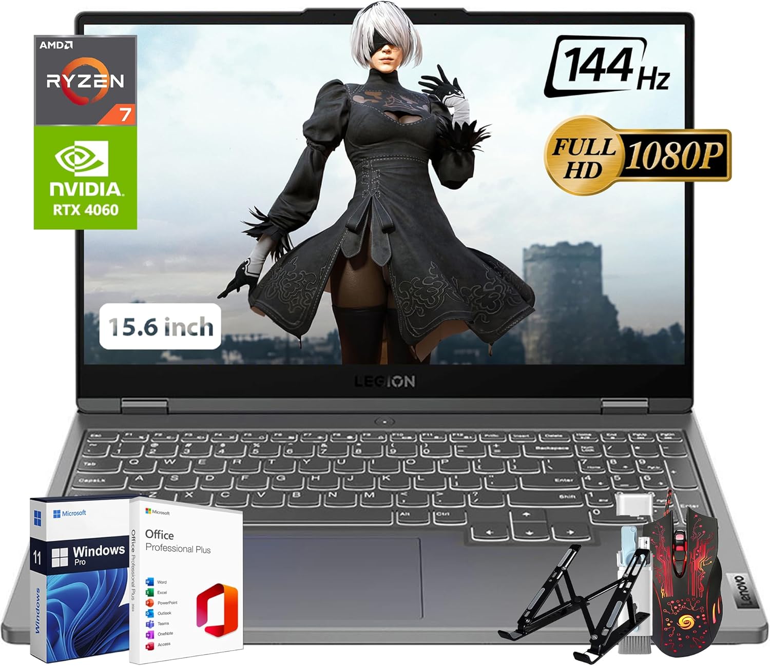 Lenovo Legion Slim 5 Gaming Laptop, AMD Ryzen 7 7840HS, 64 GB DDR5, 1 TB SSD, NVIDIA GeForce RTX 4060, 15.6″ 144Hz FHD Display, Backlit KB, Wi-Fi 6, Windows 11 Pro & Bonus Accessories