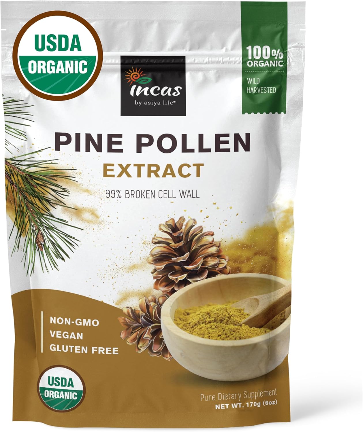 INCAS 100% USDA Organic Pine Pollen Powder (6 Ounces) Non GMO Verified 99% Cracked Cell Wall, Wild HARVESTED, Non-Irradiated, Boosts Energy & Immune Support, No Fillers or Additives