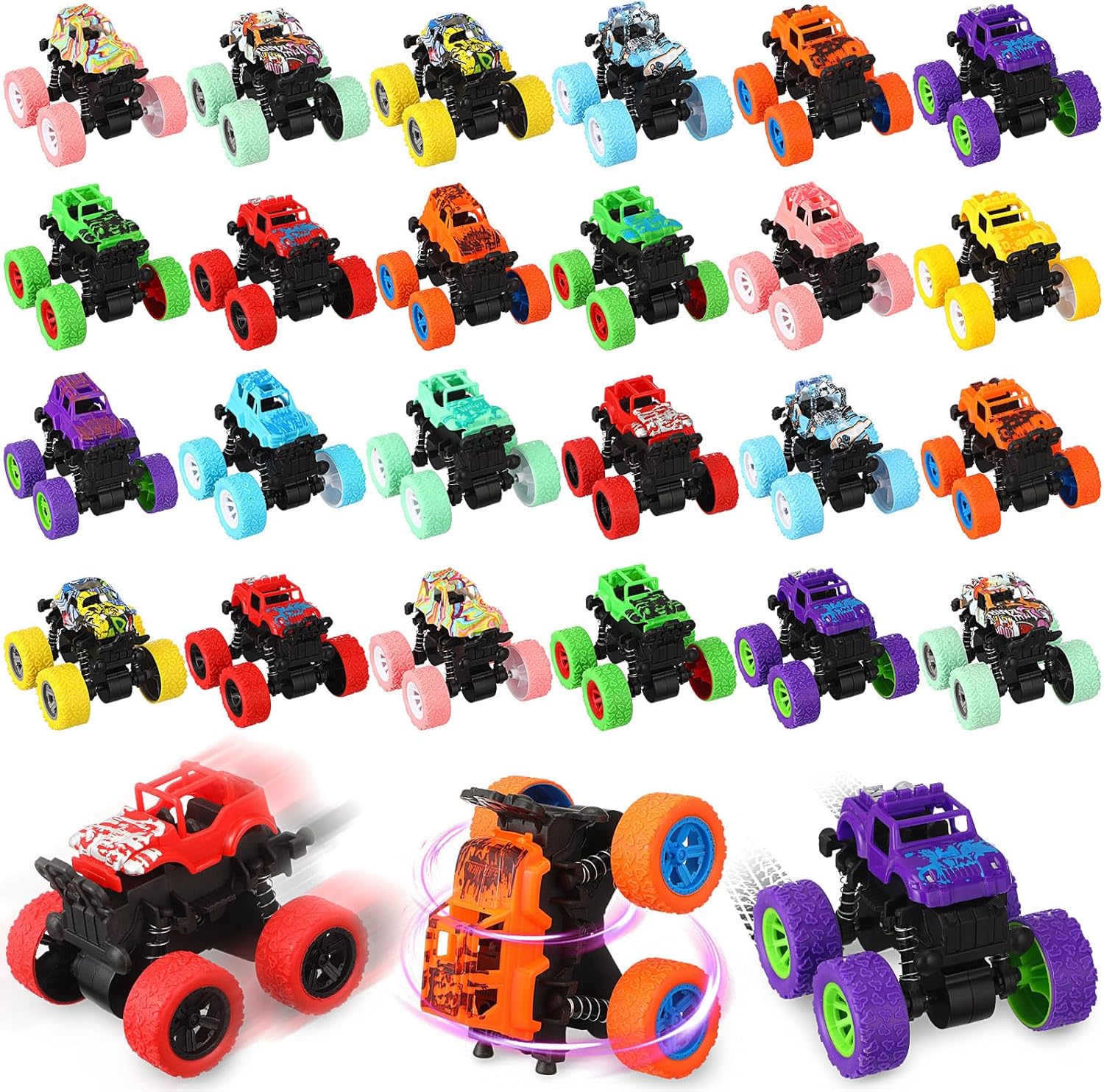 Hiboom 24 Pcs Friction Powered Mini Monster Trucks for Boys and Girls, Pull Back Vehicle Push and Go Toy Car 360° Rotating Stunt Car for Birthday Decoration Christmas Party Gifts