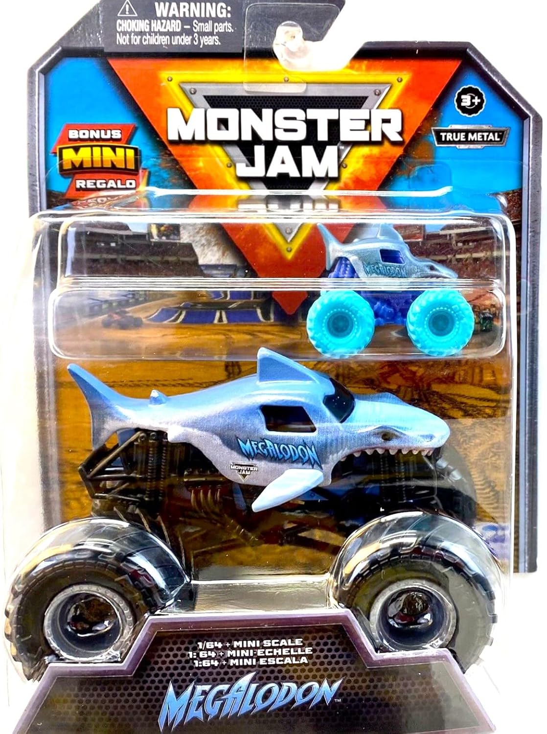 Monster Jam Monster Truck 2 Pack, 1:64 Scale Plus Mini True Metal Racer (Megalodon)