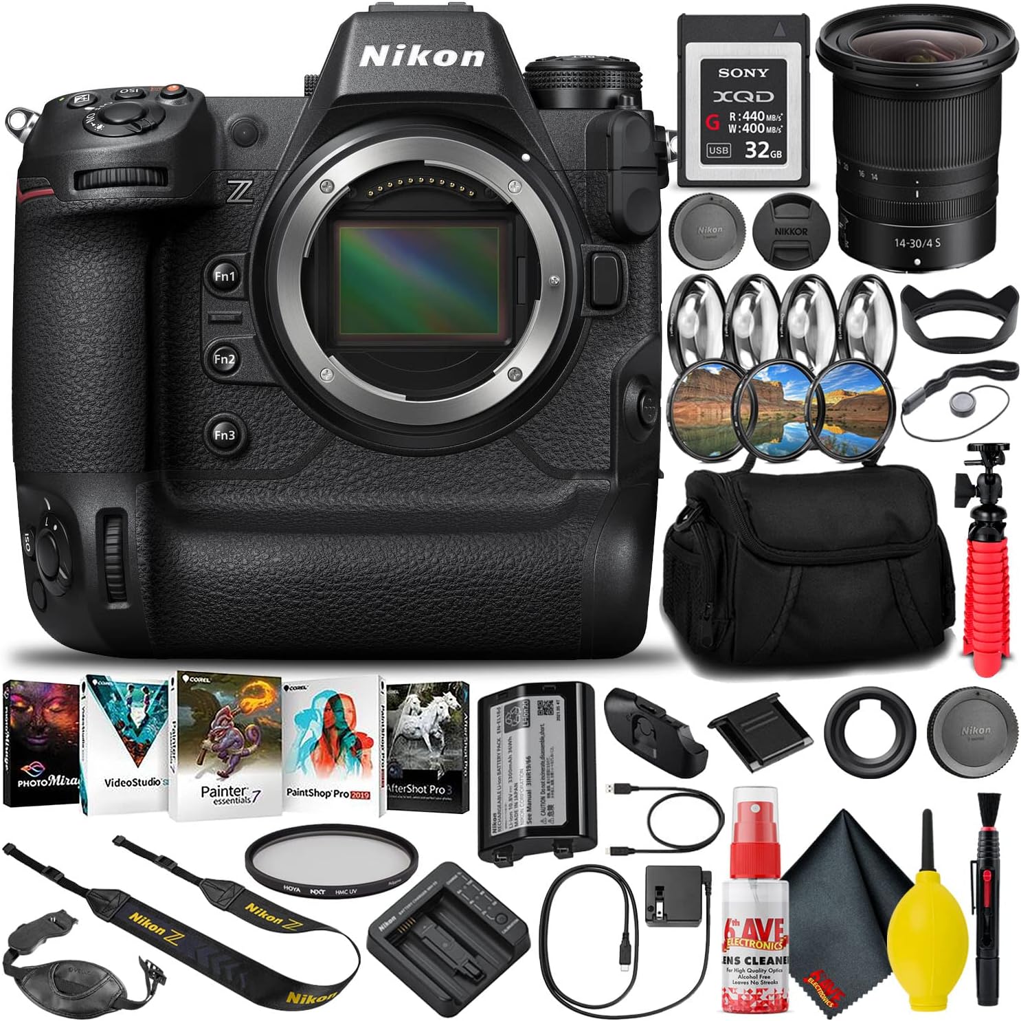 Nikon Z9 FX-Format Mirrorless Camera Body (1669) + 14-30mm f/4 S Lens + 32GB XQD Memory Card + Editing Software + Camera Bag + Pro Filter Kit + 12″ Tripod (Renewed)