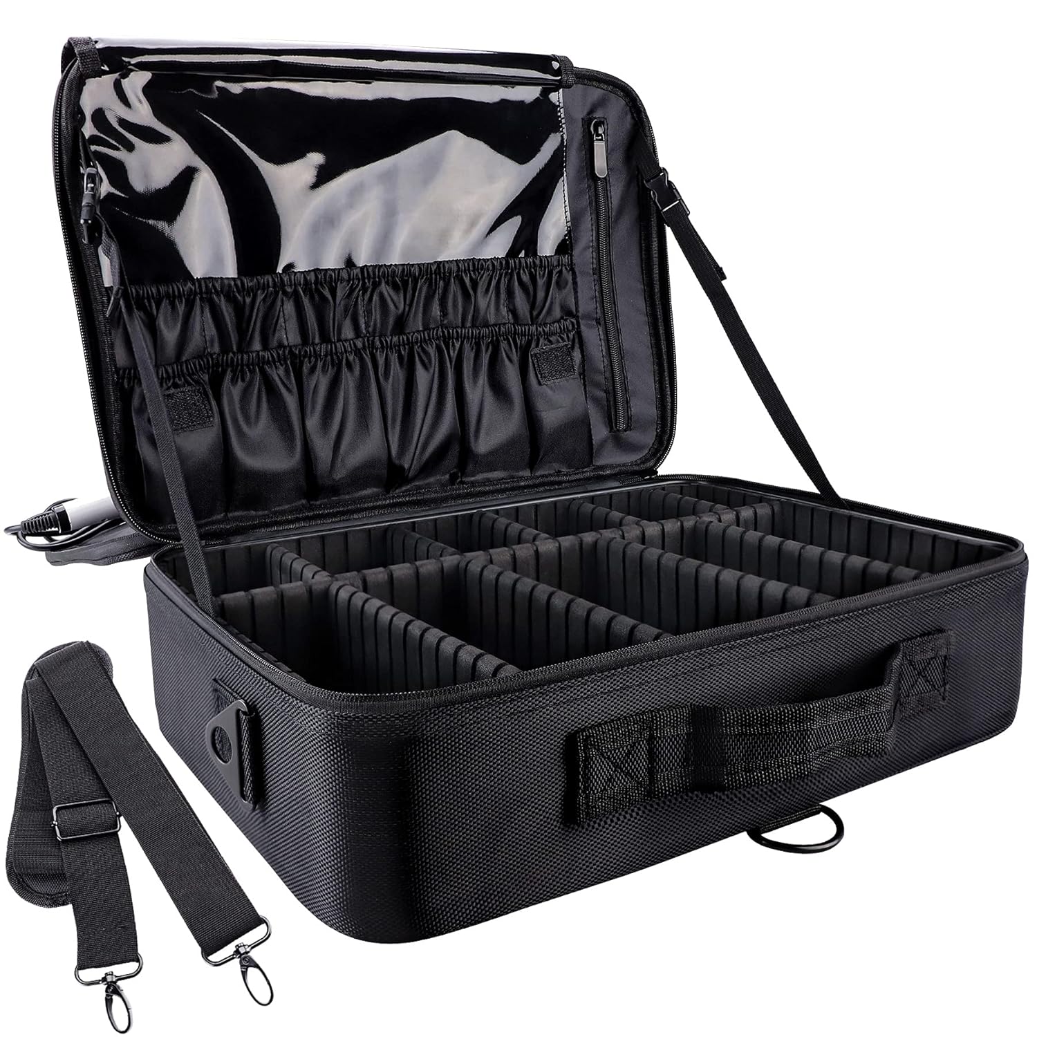 gzcz Large Capacity Travel Makeup Train Case 16.5 Inches Professional Makeup Cosmetic Case Portable Artist Cosmetics Brushs Organizer Storage Bag With Adjustable Dividers And Shoulder Strap (Black)