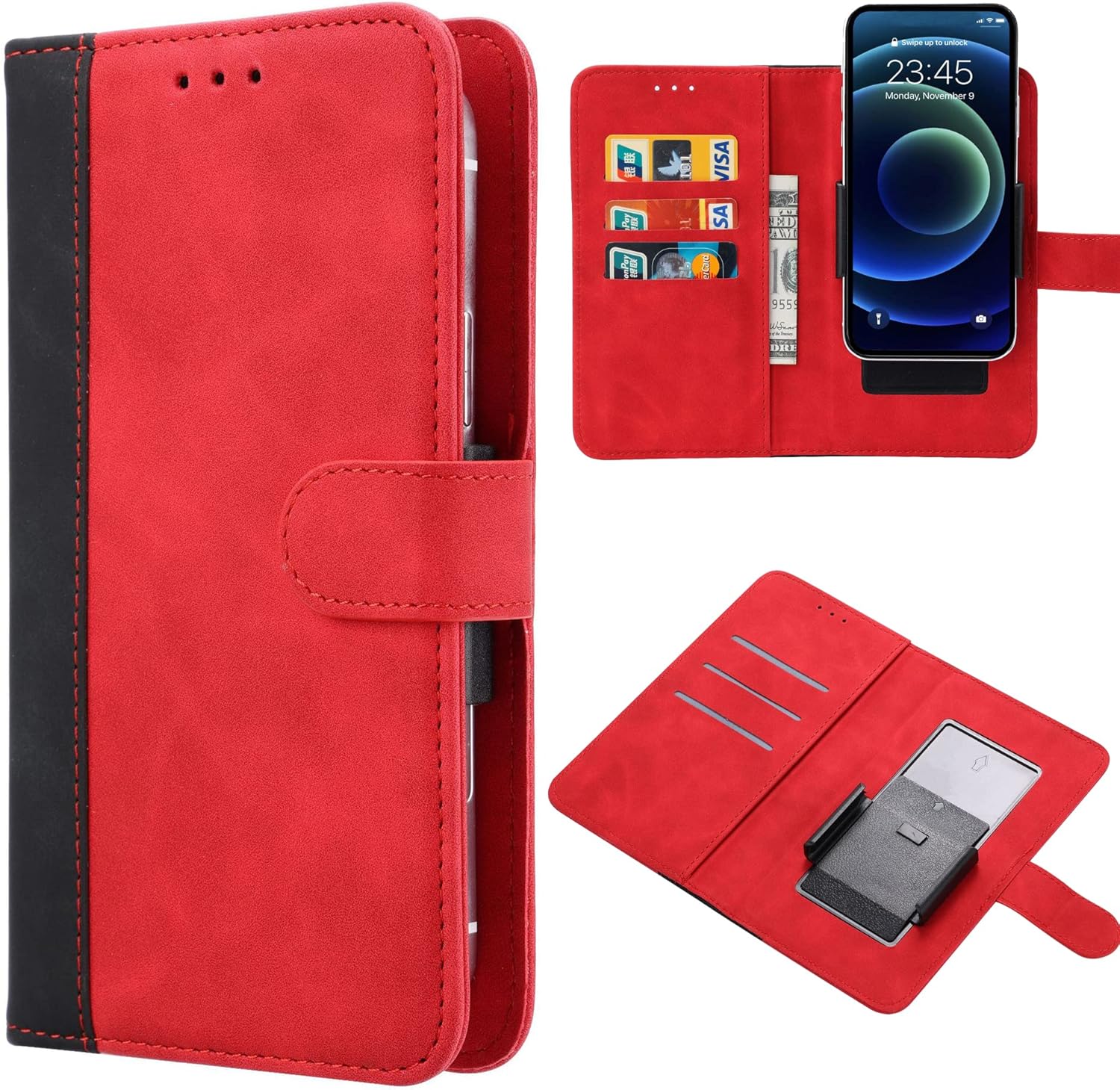 for Cloud Mobile Stratus C8 Case, Cloud Stratus C8 Phone Case, Universal PU Leather Wallet Case with Credit Card Holder Movable Clip Magnetic Wallet Protection Case for Stratus C8 6.5″ -red