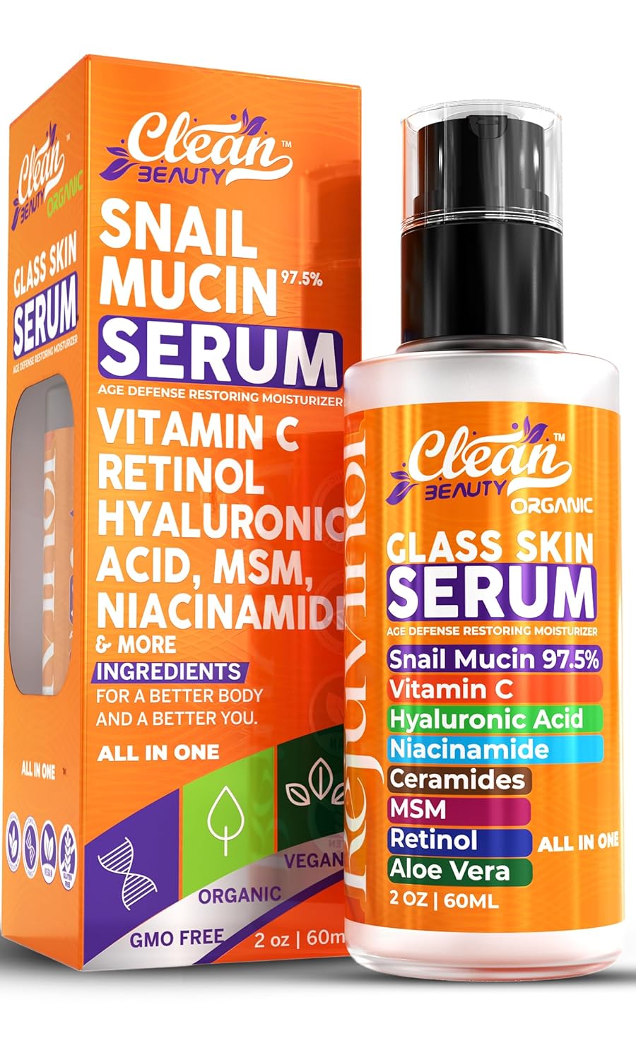 Snail Mucin Serum Vitamin C Face Serum Anti Aging with Hyaluronic Acid, Niacinamide, Retinol, MSM, Aloe Vera & Ceramides – Korean Skin Care Glass Skin Dark Spot Remover for Glowing Skin & Beauty