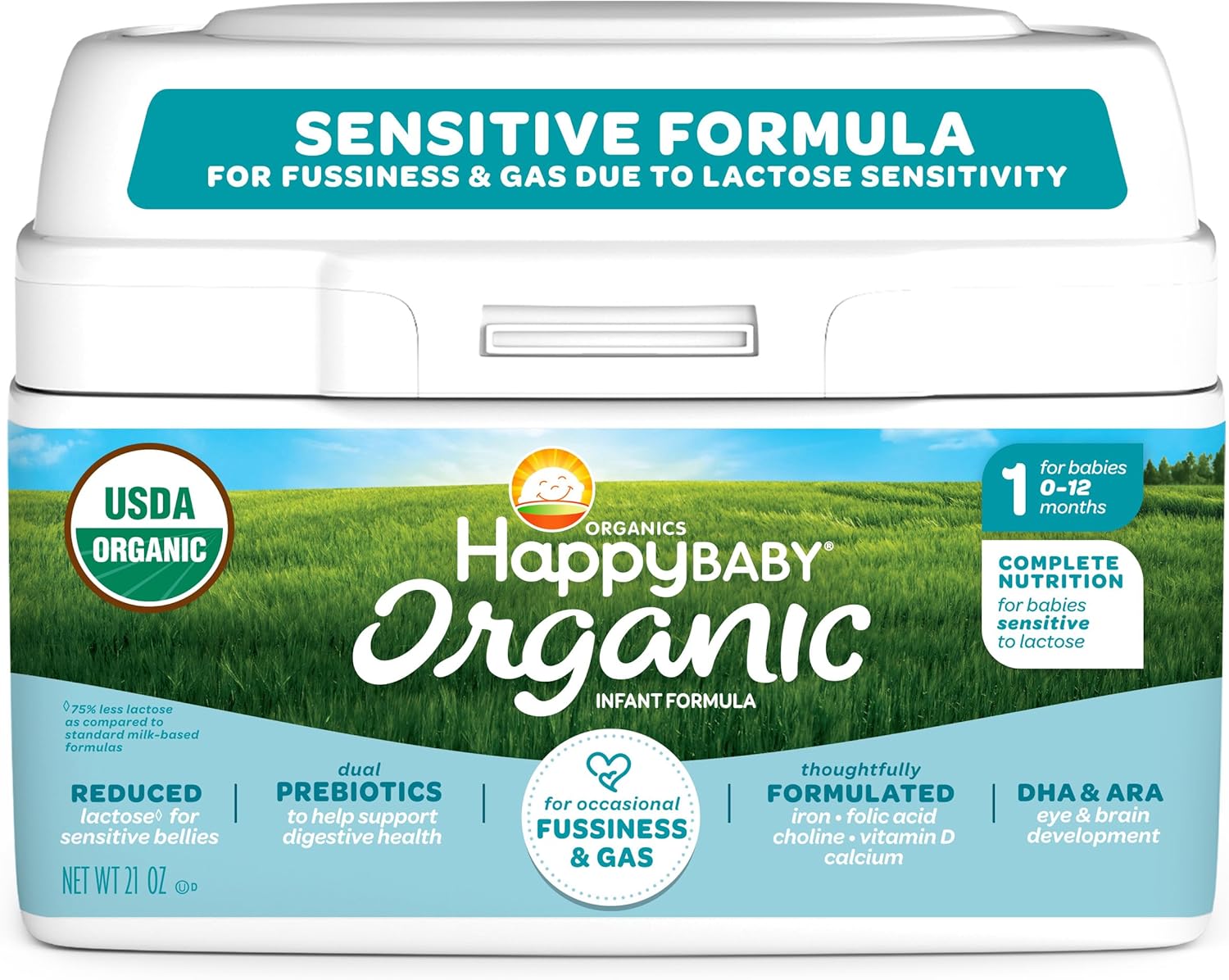 Happy Baby Organics Infant Formula Milk Based Powder packaging may vary, Stage 1 Sensitive, 21 Ounce