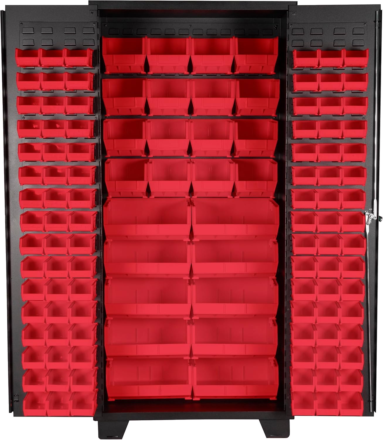 Jamco Tool Storage Cabinets with Bin Mounts, Model DF, Includes 122 Bins, 36-Inch W x 24-Inch D x 78-Inch H, Red Bins