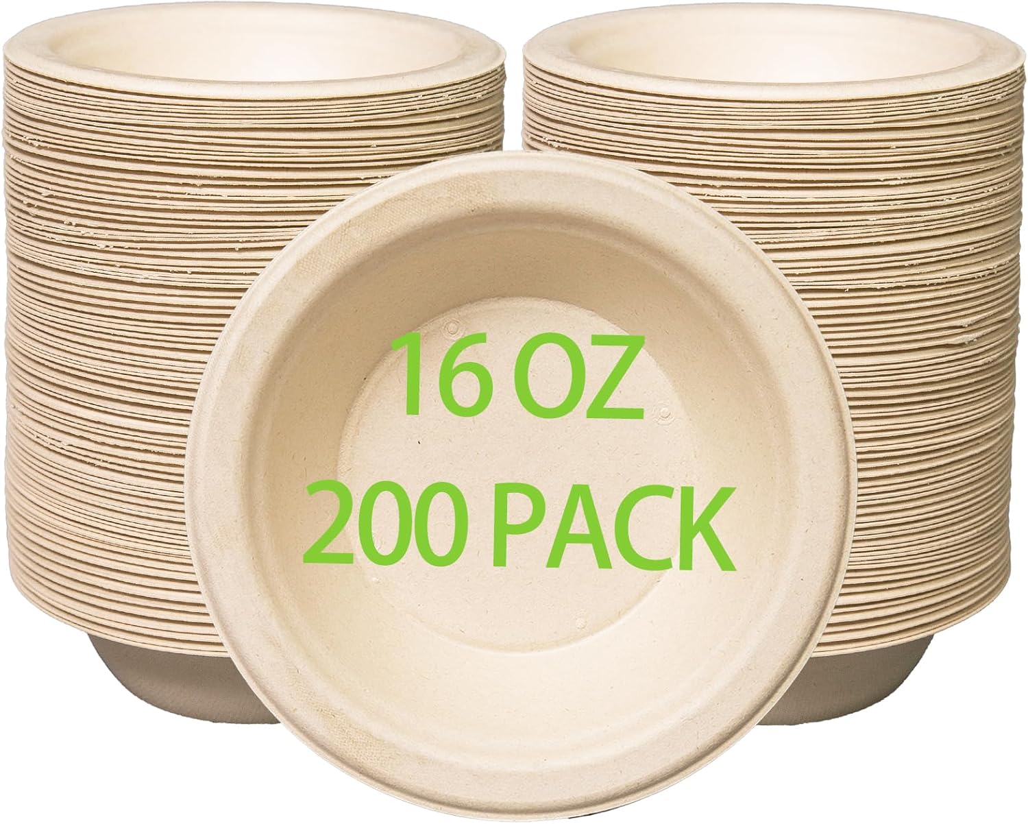 16 oz Compostable Paper Bowls 200pack, Heavy-Duty, Eco-Friendly, Bulk Pack, Disposable Bowls, Biodegradable Made of Sugar Cane Fibers, Hot or Cold Use(natural)