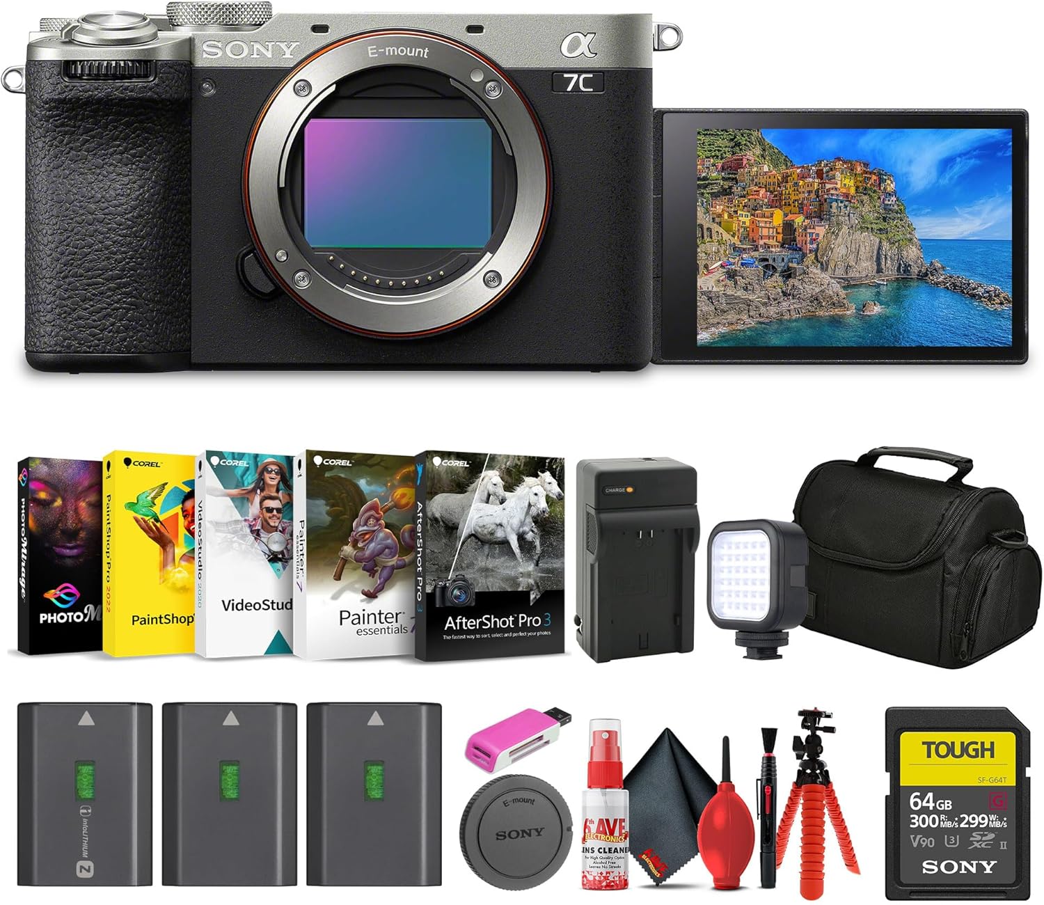 Sony Alpha 7C II Mirrorless Full-Frame Interchangeable Lens Camera (ILCE-7CM2/S) + 64GB SF-G Tough Card + Bag + 2 x NP-FZ100 Compatible Battery + Corel Software + External Charger + More (Renewed)