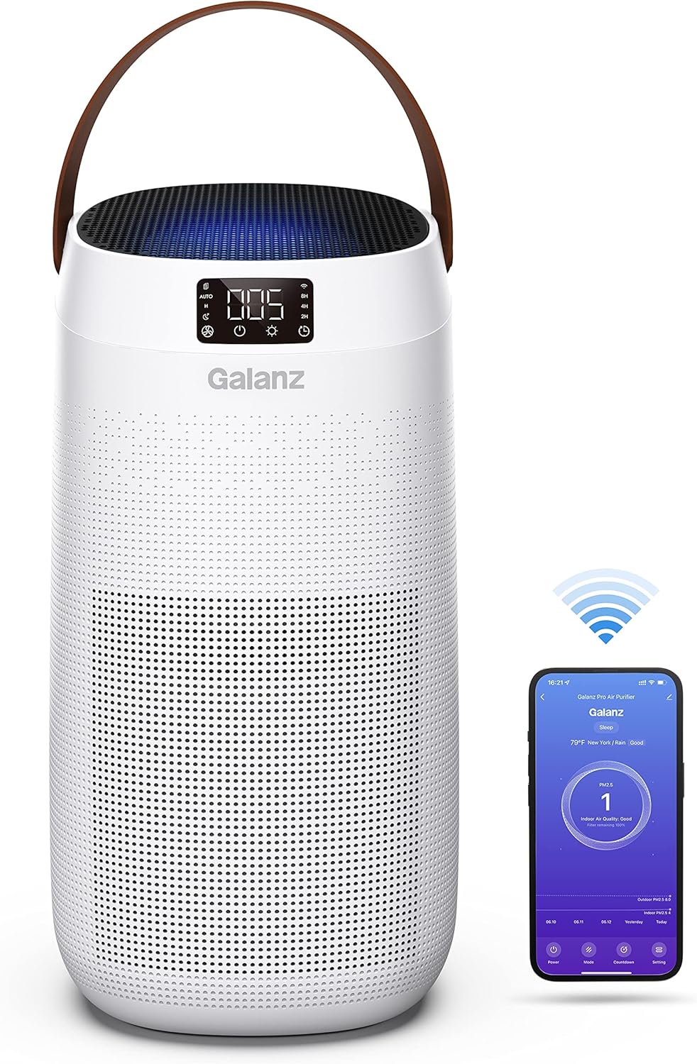 Galanz Pro Air Purifier, Smart WiFi, Auto Air Quality Monitor, 3-Stage H13 HEPA Filter for 875 sq ft Large Room, 99.99% of Particles, Pet Allergies, Mold, Smoke, White