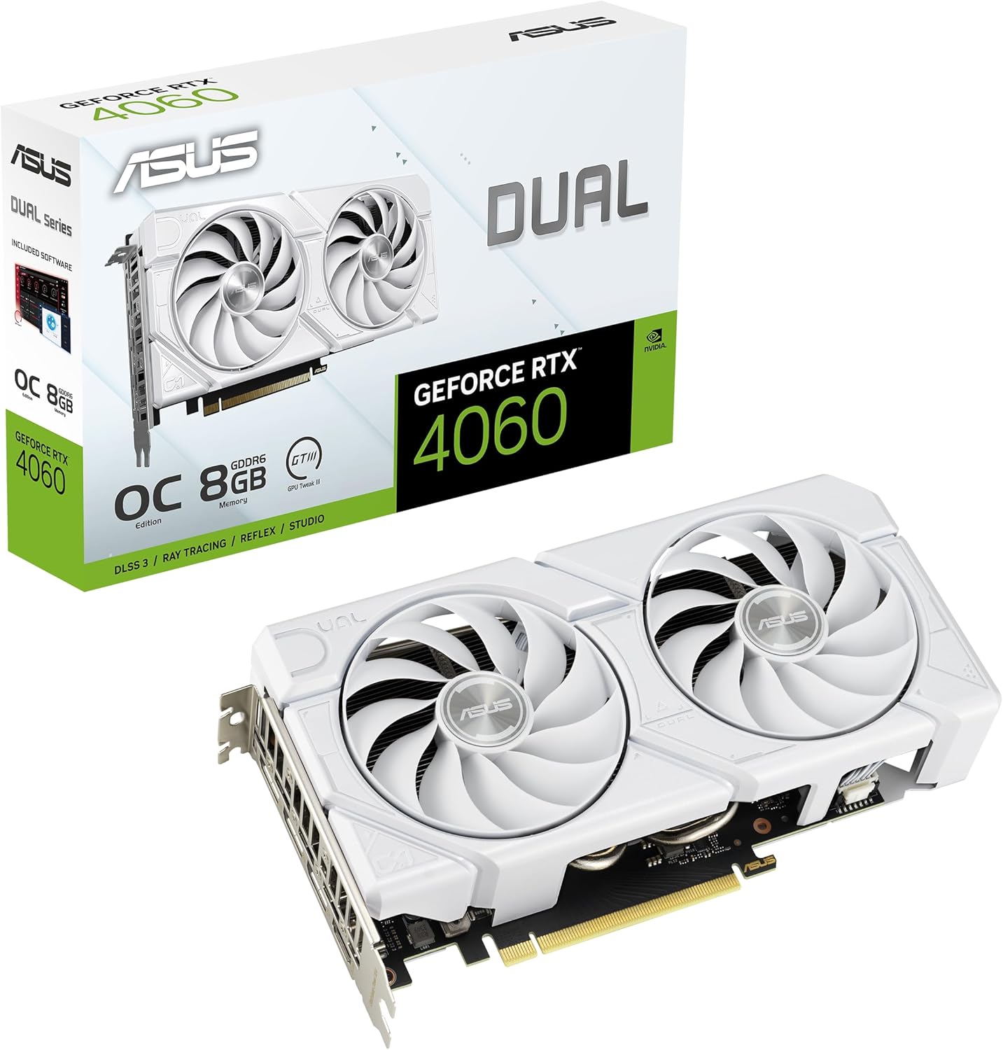 ASUS Dual GeForce RTX 4060 EVO White OC Edition 8GB GDDR6 (PCIe 4.0, 8GB GDDR6, DLSS 3, HDMI 2.1a, DisplayPort 1.4a, Axial-tech Fan Design, 0dB Technology, Dual BIOS, Auto-Extreme Tech)