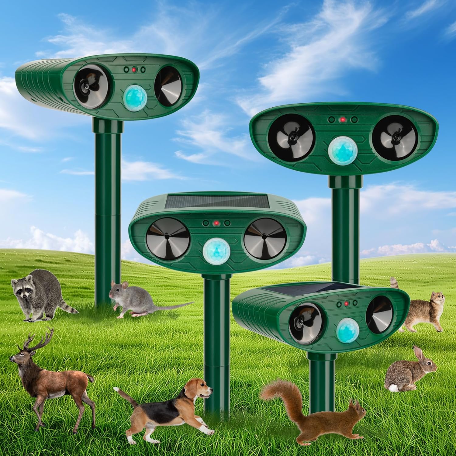 4 Pack 2024 Solar Ultrasonic in Repellent Defender Rat, Squirrel, Deer, Raccoon, Skunk, Rabbit, Mole, Dog, Cat, Waterproof with Motion Detector