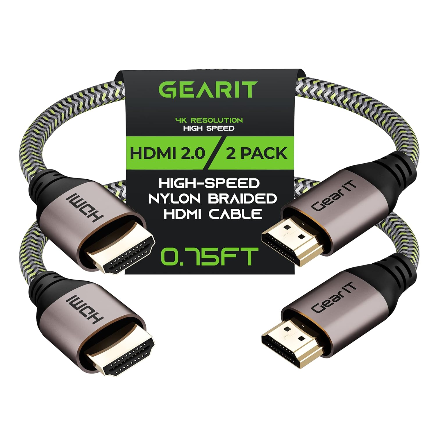 GearIT 4K HDMI Cable, (2-Pack / 0.75ft / 0.22m) High-Speed HDMI 2.0b, 4K 60hz, 3D, ARC, HDCP 2.2, HDR, 18Gbps – Nylon Braided Cord