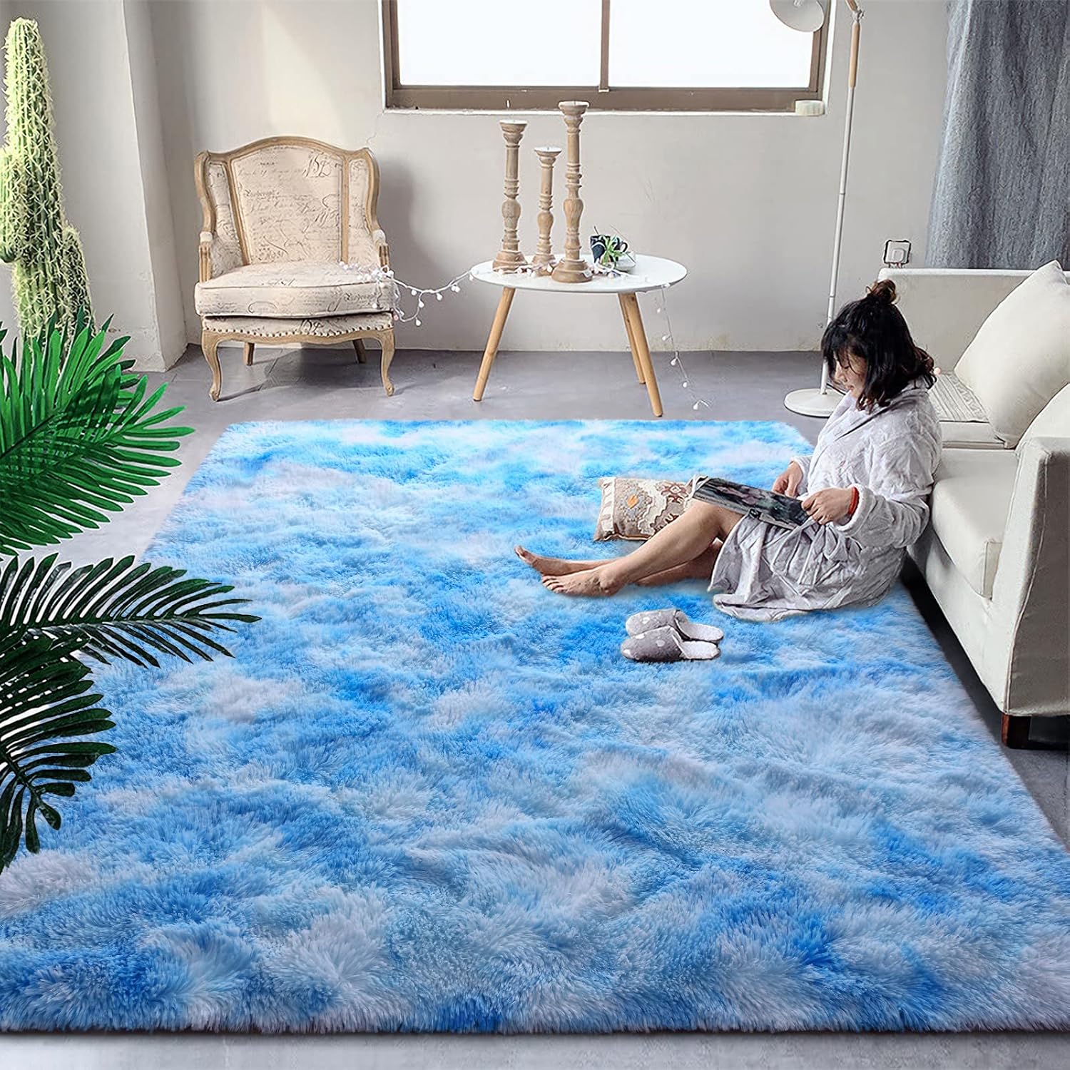 DweIke Extra Large Fluffy Area Rug, 5×8 ft Modern Indoor Carpets for Living Room Bedroom, Plush High Pile Tie-Dyed Blue Rug for Girls Kids Playroom Classroom Nursery Home Décor, Blue