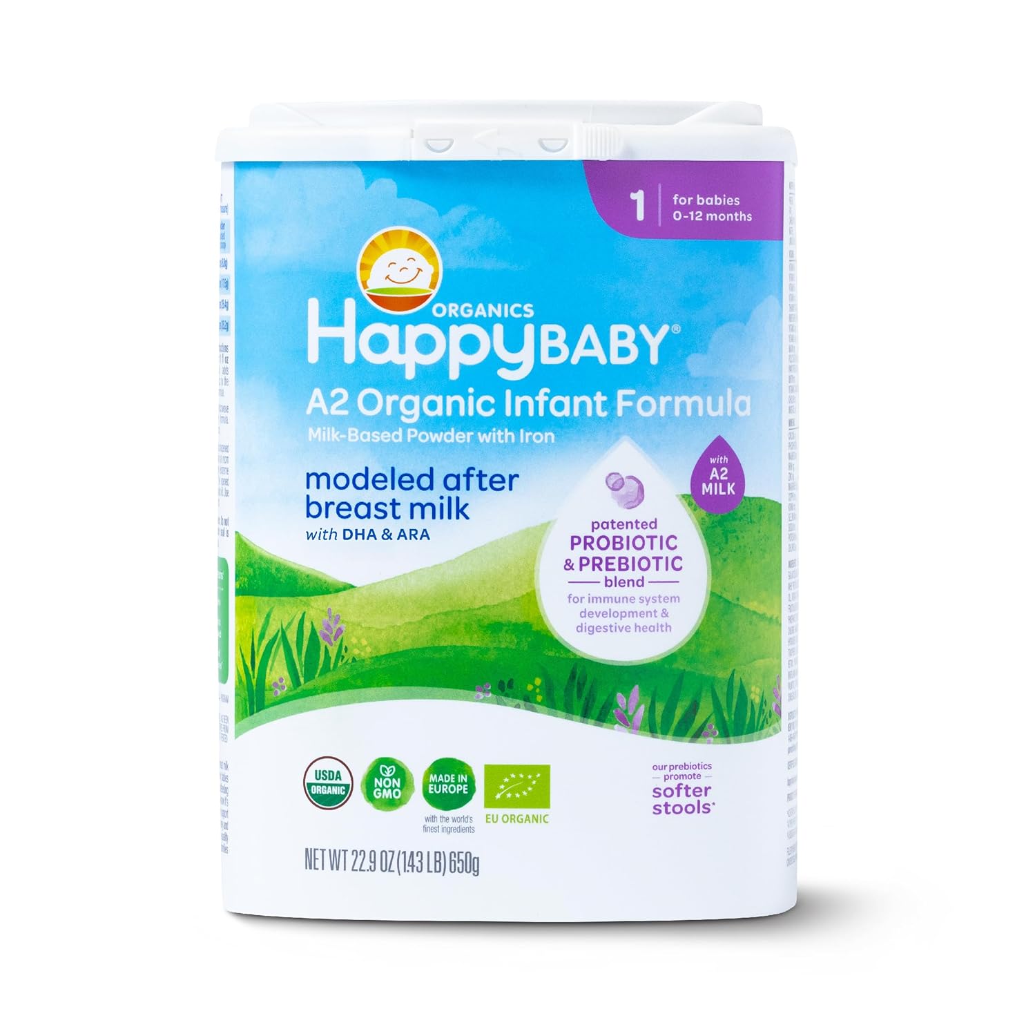 Happy Baby Organics Stage 1 A2 Infant Formula, 0-12 Months, Milk Based Organic Baby Formula Powder with A2 Milk, Probiotics & Prebiotics for Immune & Digestive Support, 22.9 Ounce (Pack of 1)