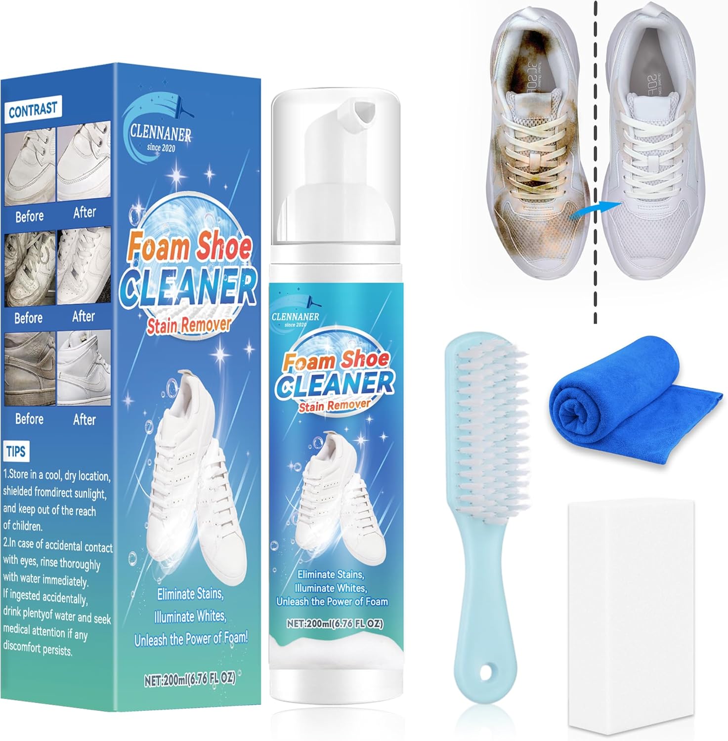 White Shoe Cleaner, 6.76 Oz Shoe Cleaner Kit with Brush and Towel, Sneaker Cleaner Work on Leather, Knit, Canvas, Suede, PU