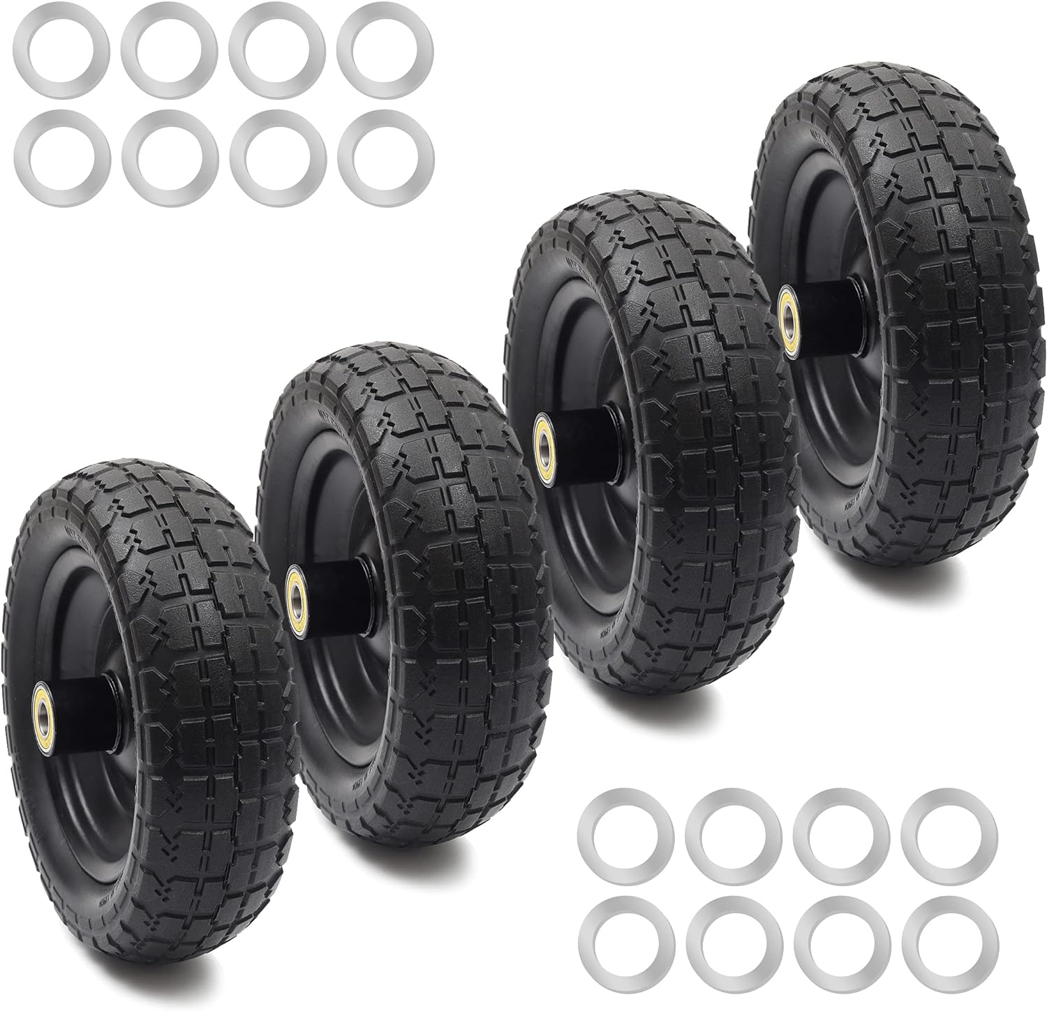 AR-PRO (4-Pack) Replacement Wheels 10 inch Flat Free Tire – Solid Flat-Free Tire and Wheel – 3″ Wide Tires with 5/8 Axle Borehole and 2.1″ Hub – Compatible with Garden Cart, Yard Cart and Farm Cart