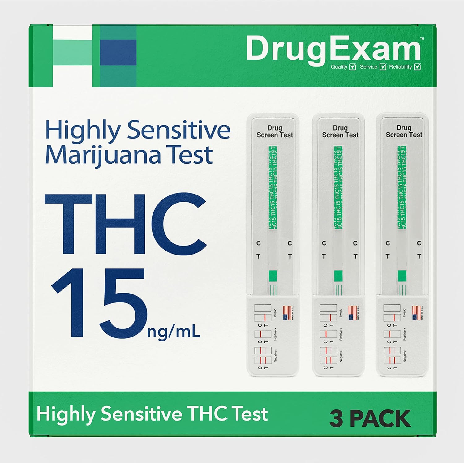 3 Pack – DrugExam Made in USA Most Sensitive Marijuana THC 15 ng/mL Single Panel Drug Test Kit – Marijuana Drug Test with 15 ng/mL Cutoff Level for Detecting Any Form of THC