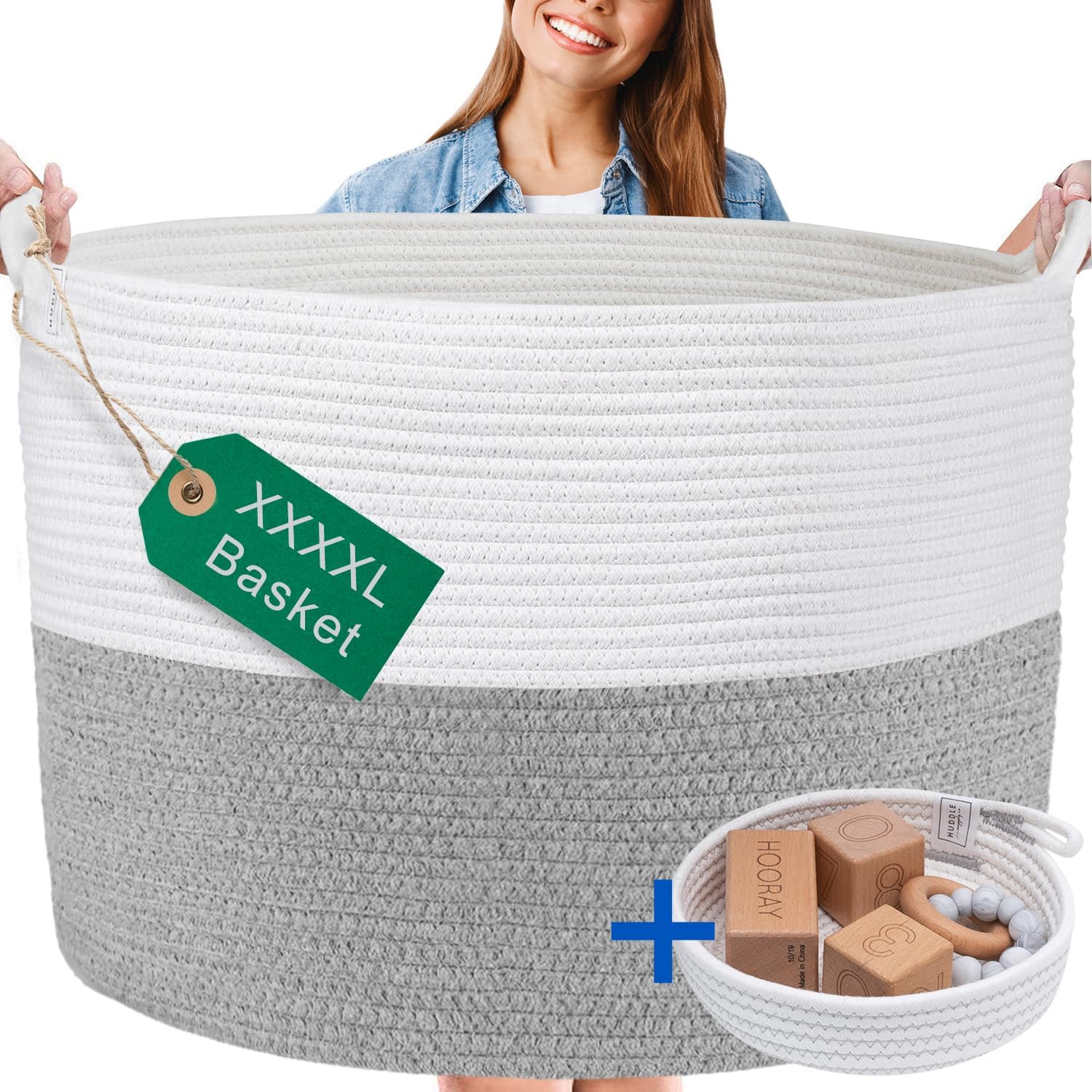 XXXXL WASHABLE Jumbo 24″ x 17″ Extra Large Basket for Blankets, Cotton Rope Basket with Handles for Living Room, Baby Toy Storage Large Woven Basket