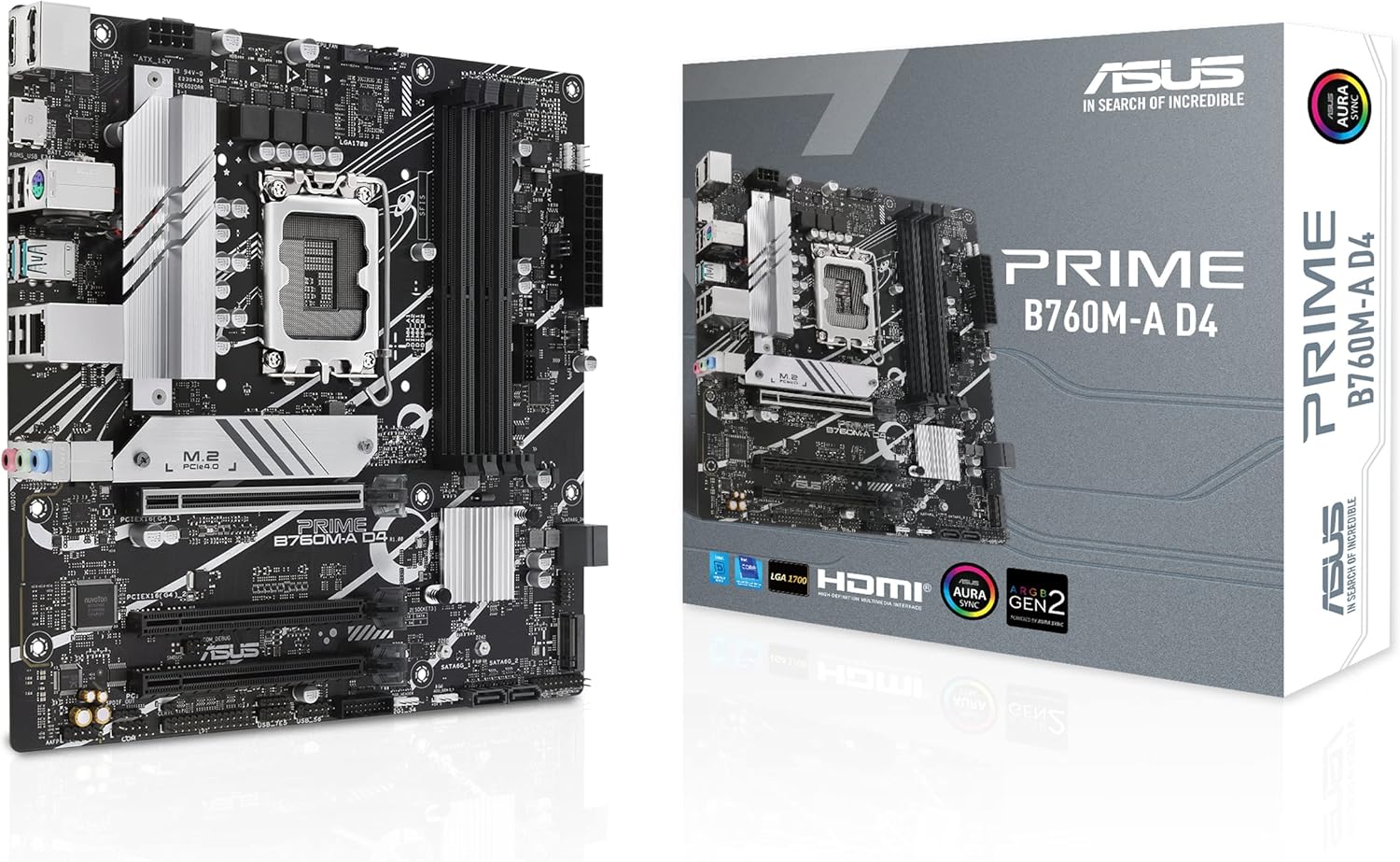 ASUS Prime B760M-A D4 Intel® B760 (LGA 1700)(13th and 12th Gen) mATX Motherboard, PCIe 4.0, 2xM.2 Slots,2.5Gb LAN, DisplayPort,Dual HDMI,Rear USB 3.2 Gen 2, Front 1 Type-C®, Aura Sync