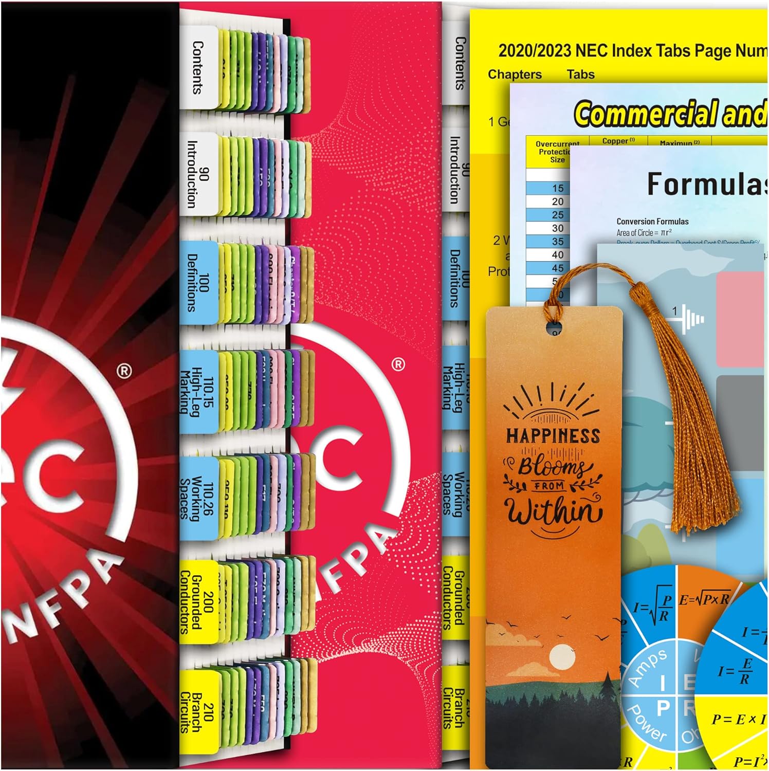 2020/2023 National Electrical Code (NEC) Self-AdhesiveTabs, Color-Coded and Laminated, NEC Tabs with Ohm’s Law Stickers and Wire Chart, (Book not Included)