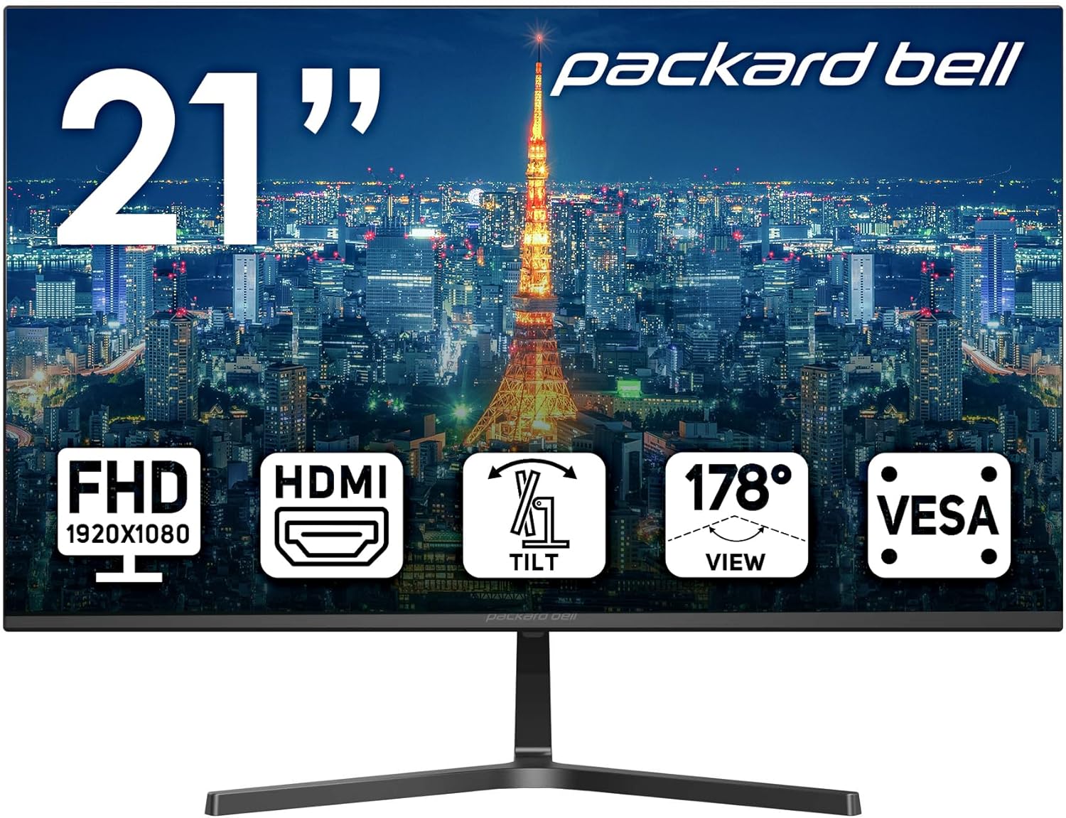 Packard Bell airFrame 21″ FHD Monitor, 1920×1080, Ultrawide, VESA Mount Compatible, Tilt Adjustment, HDMI/VGA, Slim Bezel, for Home, Office, and Light Gaming