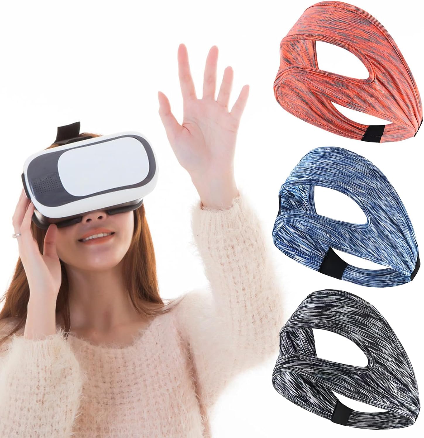 3PCS VR Eye Mask, Adjustable Breathable VR Sweat Band, Eye Face Cover Breathable Sweat Band for Meta/Oculus Quest 2/3, HTC Vive, PS, Vision Pro Headset, Quest Pro, PSVR2 (Black/Blue/Orange)