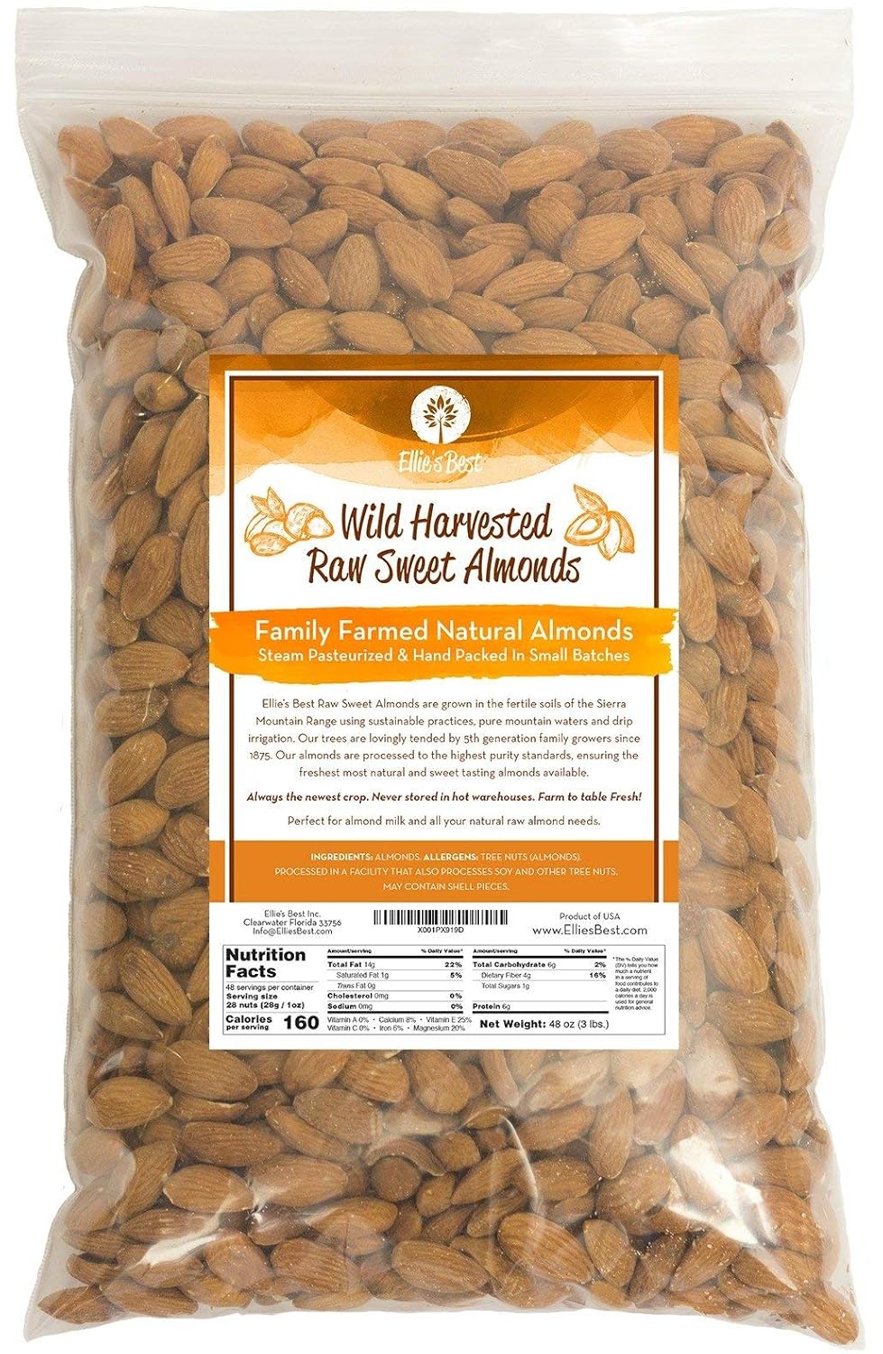 Raw Almonds Sweet Wild Harvested – Fresh & Plump – Naturally Steam Pasteurized 100% Natural Almonds – Family Farmed Since 1875 3lb. 5 & 10lb Bulk Bags Available – Ellie’s Best …