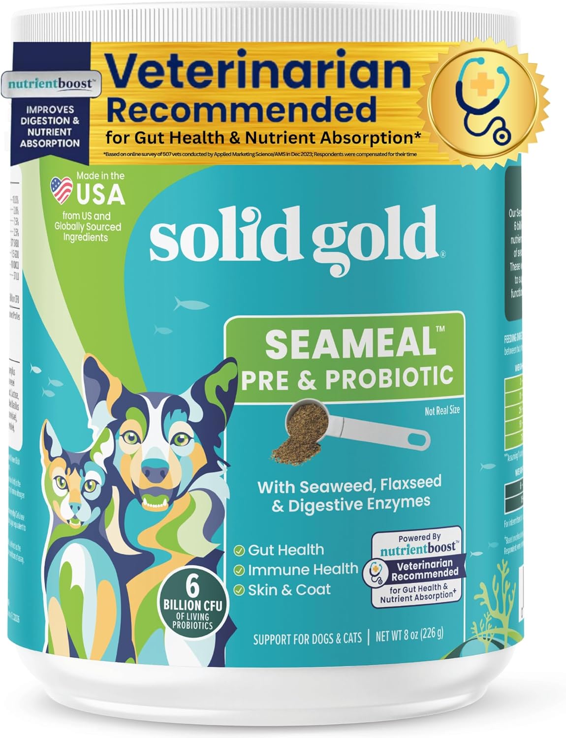 Solid Gold SeaMeal Cat Probiotic & Dog Probiotics for Digestive Health – Kelp Powder Cat & Dog Supplement w/Prebiotics & Digestive Enzymes for Skin, Coat, & Gut + Immune Support (8 Ounce (Pack of 1))