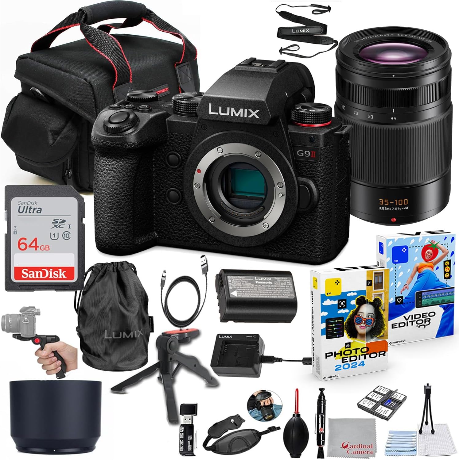 Panasonic Lumix G9 II Mirrorless Camera with 35-100mm f/2.8 Lens Bundle + Accessory Kit with 64GB Ultra Memory, Hand Grip Tripod, Carry Case, Editing Software Package & More (27 Items)