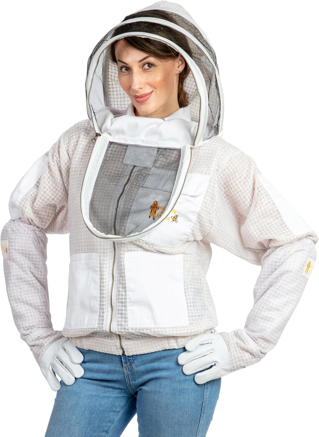 — 3 Layer Beekeeping Ventilated Jacket Fully Protection Beekeepers Ultra Ventilated Bees Jacket with Fencing Veil (2XL, White)