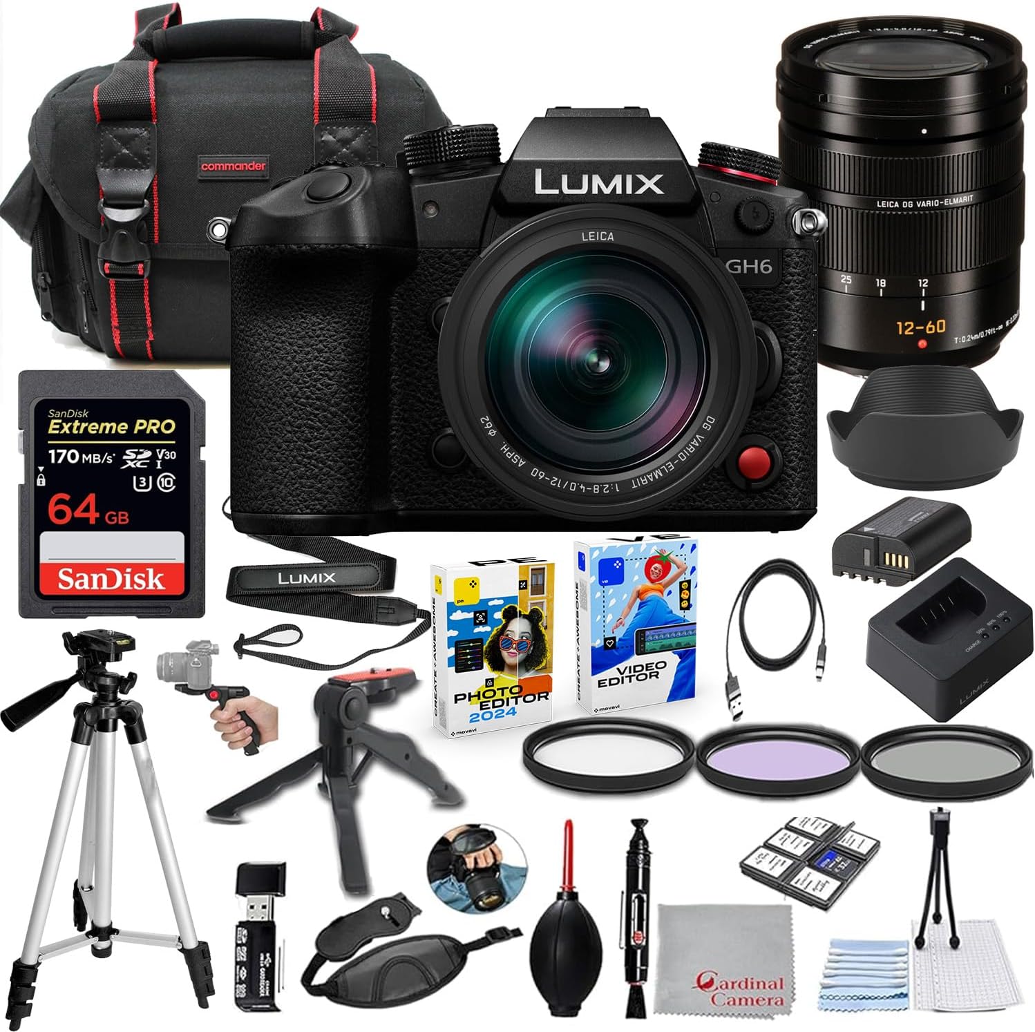 Panasonic Lumix GH6 Mirrorless Camera with 12-60mm f/2.8-4 Lens Bundle + Premium Accessory Package Including 64GB Extreme Memory, Bag, Filters, Photo/Video Editing Software Package & More (31 Items)